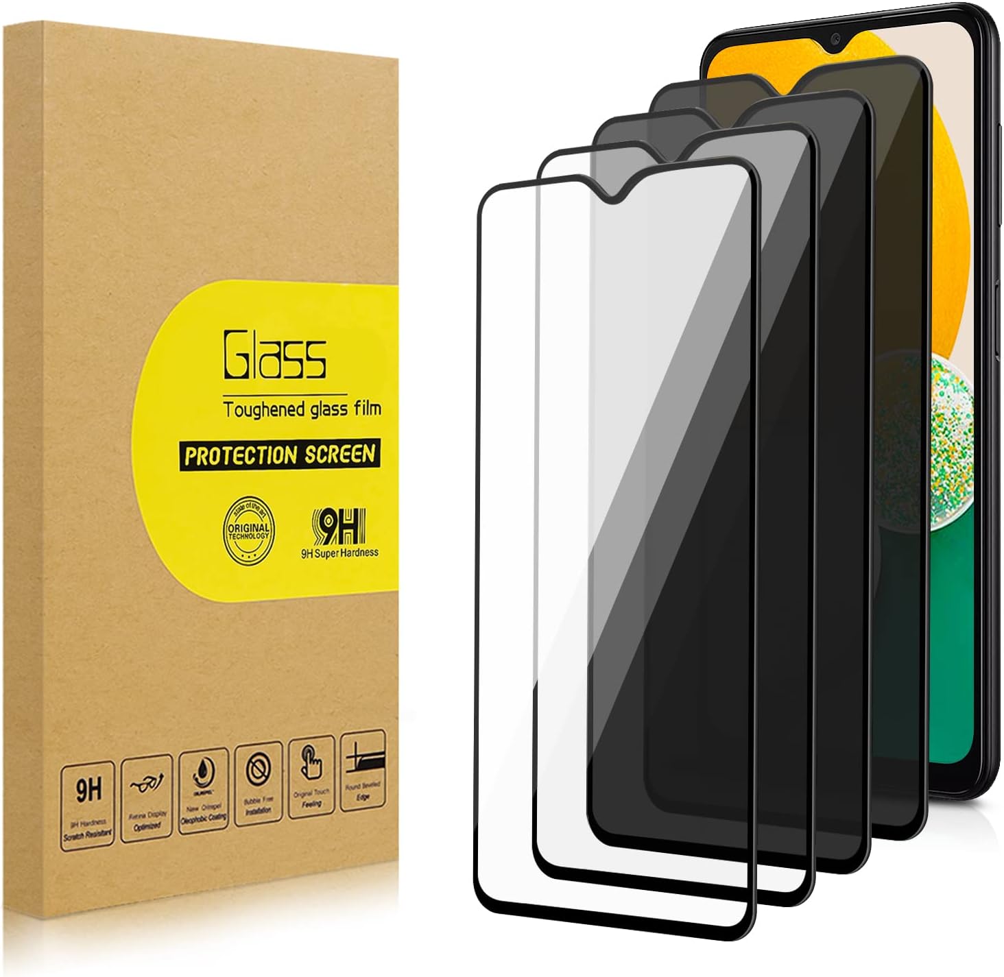 2 Privacidad+2 protectores de pantalla transparentes de privacidad y transparente para Samsung Galaxy A13 5G vidrio templado antiespía, Ultra HD,