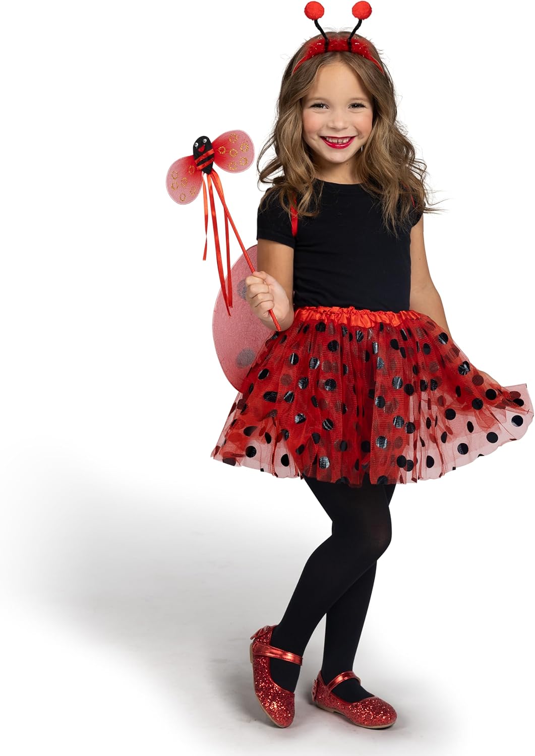Spooktacular Creations Conjunto de disfraz de mariquita roja con tutú, alas de mariposa, varita mágica, diadema, tutú de mariquita de lunares para
