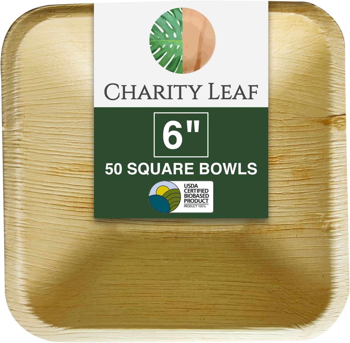 Cuenco cuadrado desechable de hoja de palma de 6 pulgadas (50 piezas)  Como bambú  Todo natural y biodegradable  Tablas de embutidos, barbacoas y