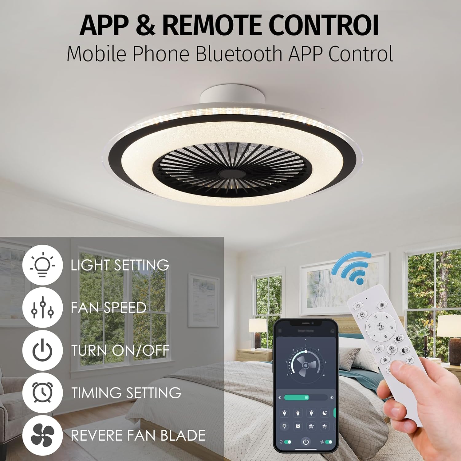 MDZHYA Ventilador de techo de perfil bajo con luces, ventiladores de techo sin aspas de 24 pulgadas, control remoto, ventilador de techo inteligente