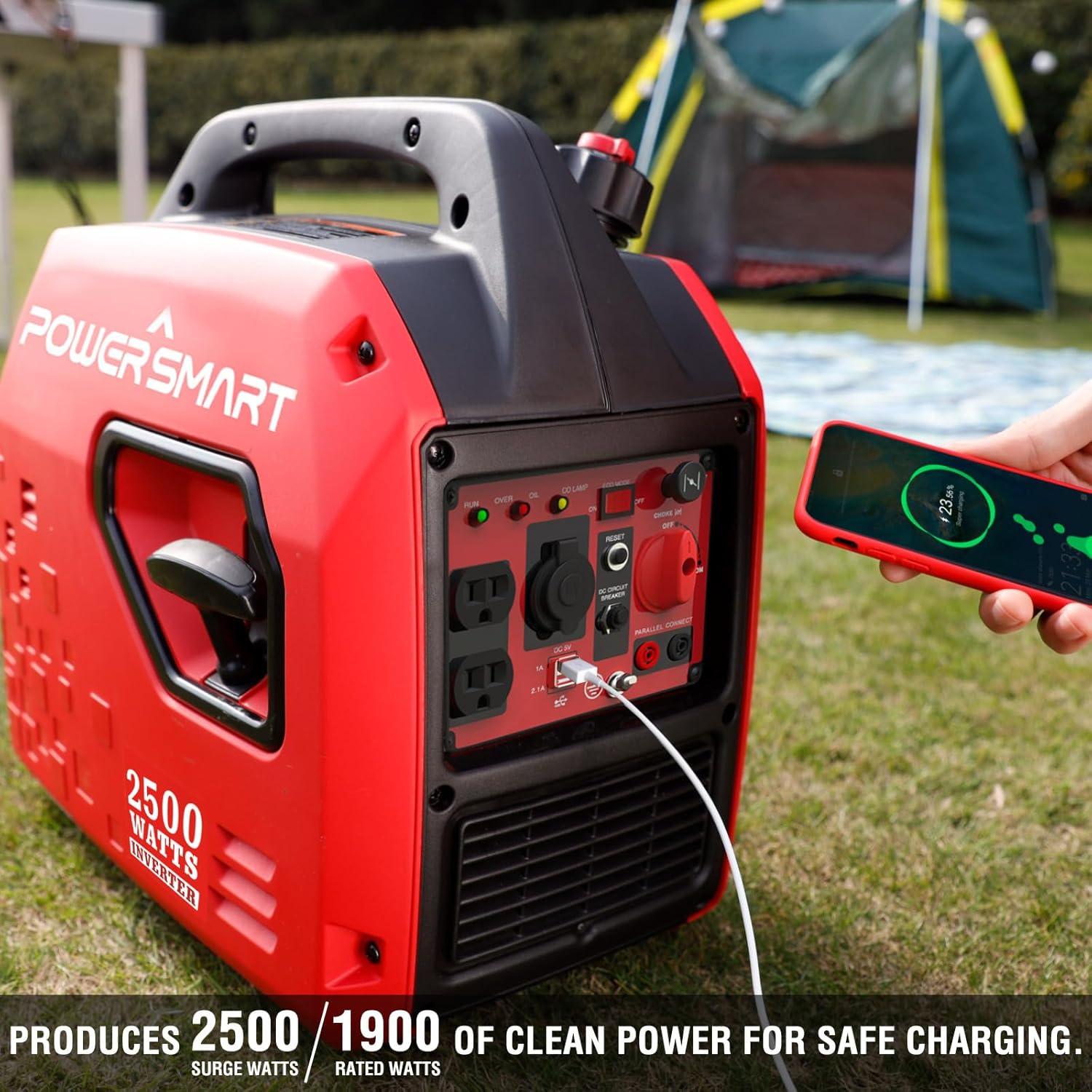 PowerSmart Generador inversor de gas portátil de 2500 vatios, súper silencioso, generador de alta eficiencia de combustible, ligero, compatible con