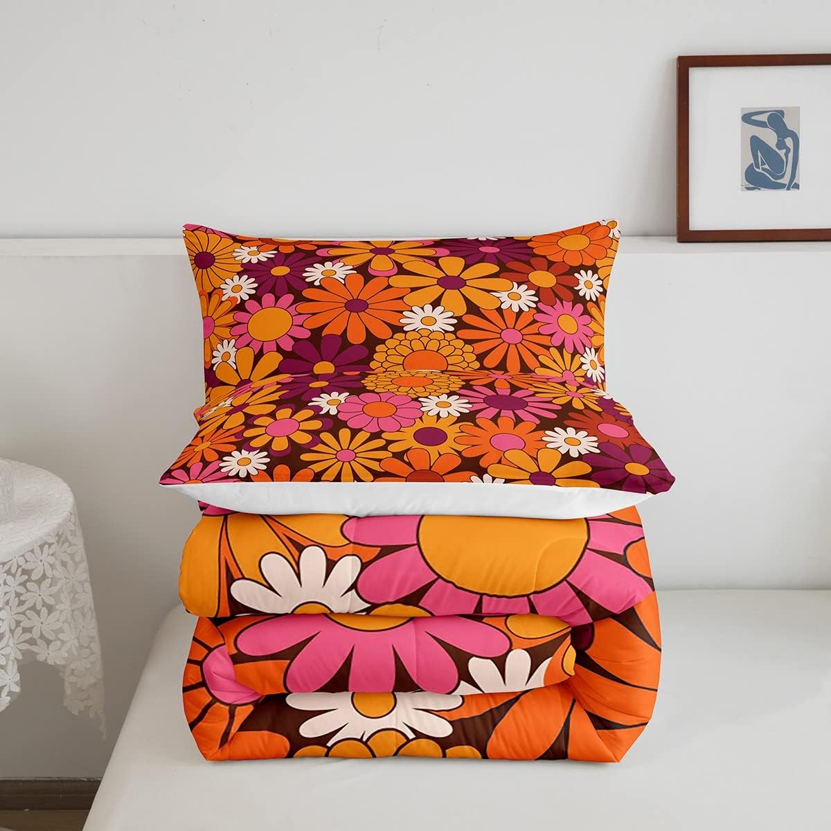 Erosebridal Groovy – Juego de edredón floral individual para niñas, ropa de cama y juegos de ropa de cama retro con diseño de margaritas, decoración