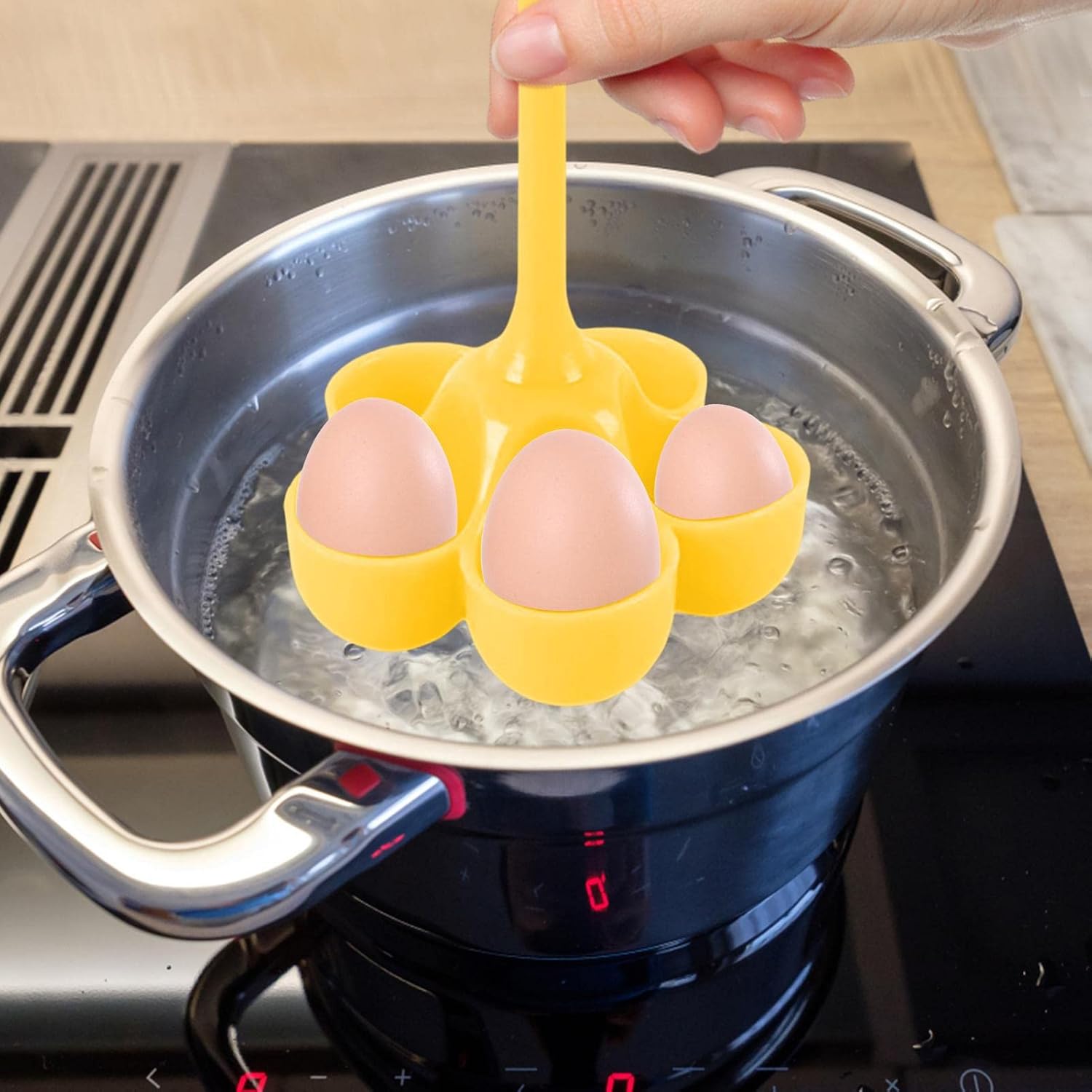 Cocedor de huevos de 5 agujeros, caldera de huevos de silicona resistente al calor, bandeja de huevos sin BPA con asas, estante para huevos, taza de