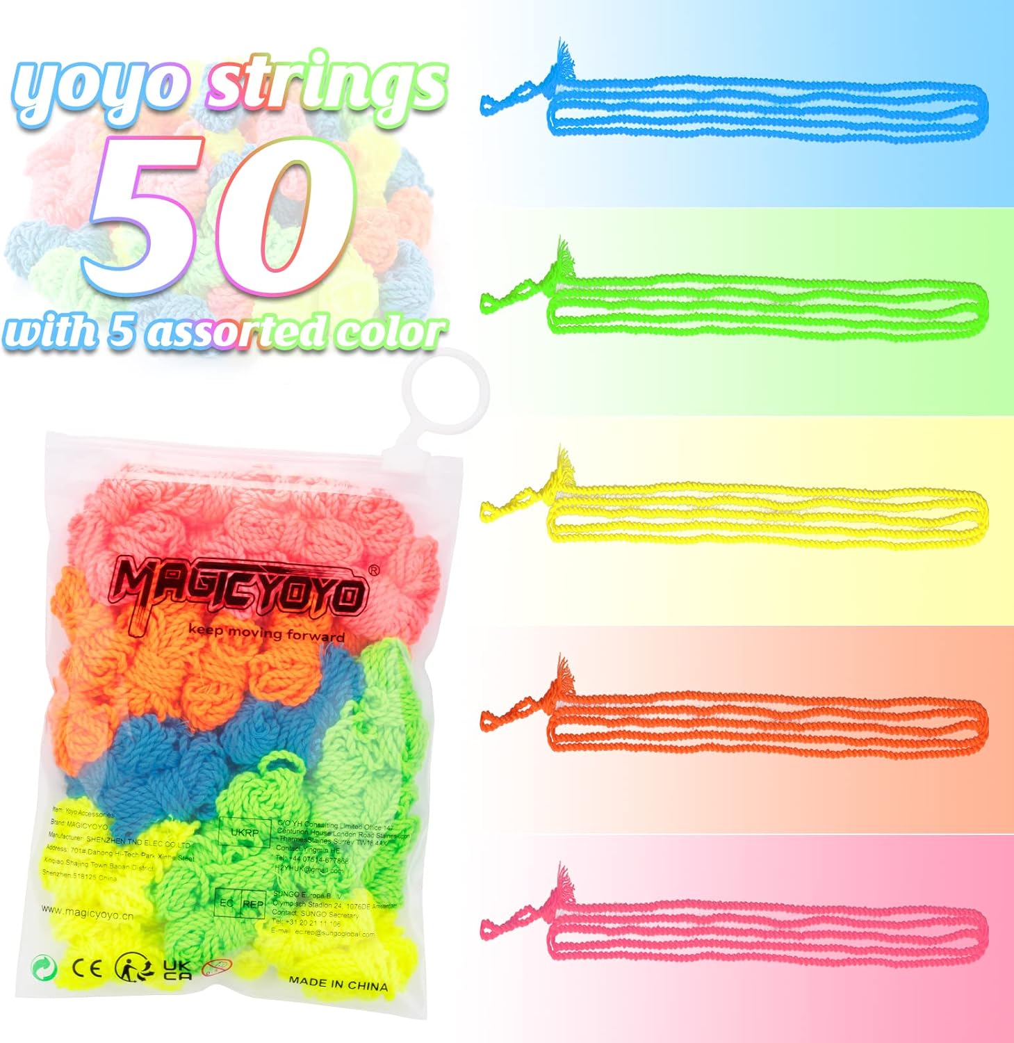 Paquete de 50 cuerdas profesionales de Yoyo, suaves 100% poliéster, para yoyos sensibles y que no responden, color azul, verde, rosa, amarillo,