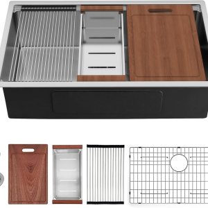 Fregadero de cocina con estación de trabajo de montaje inferior de 32 pulgadas, acero inoxidable 304T con repisa integrada para cocina, estación de Fregadero de cocina con estación de trabajo de montaje inferior de 32 pulgadas, acero inoxidable 304T con repisa integrada para cocina, estación de