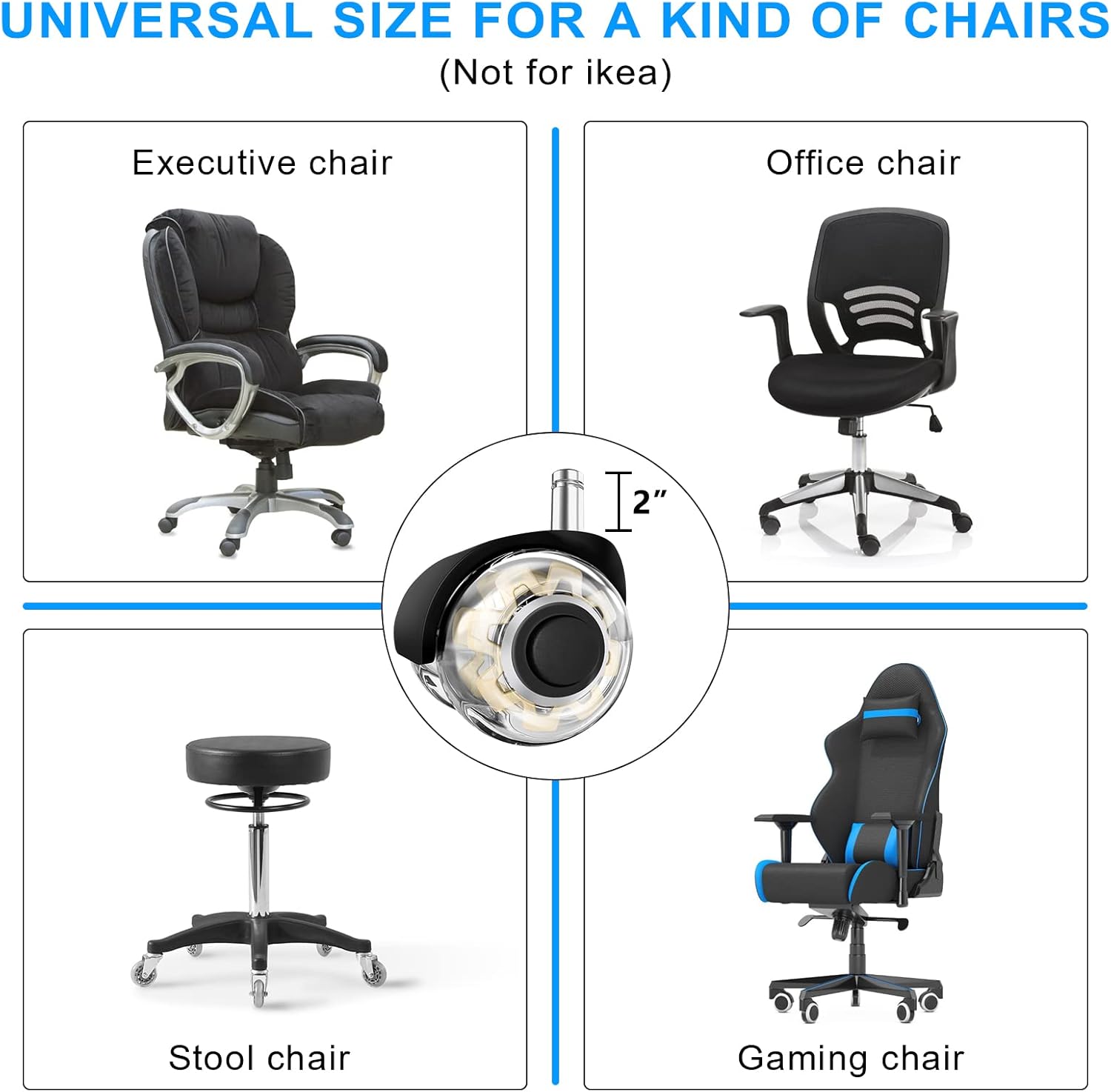 Office Chair Wheels Replacement-Heavy Duty Office Chair Casters(2200lbs),2”Universal Size Wheels for Office Chair,Smooth & Safe Rolling Office