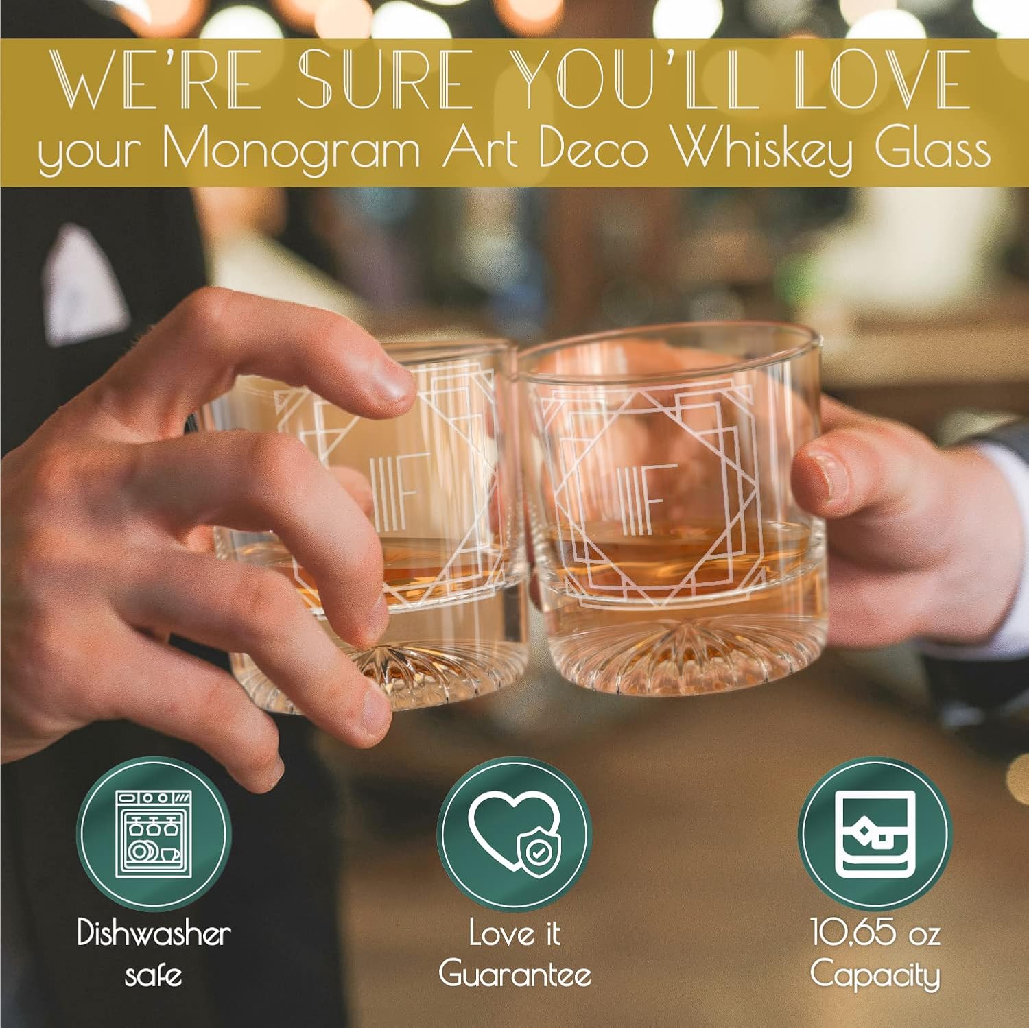 Greenline Goods – Monograma Art Deco Letra F Vaso de whisky perfecto para bourbon, whisky, whisky, cóctel – Juego de 4 vasos de whisky de cristal –