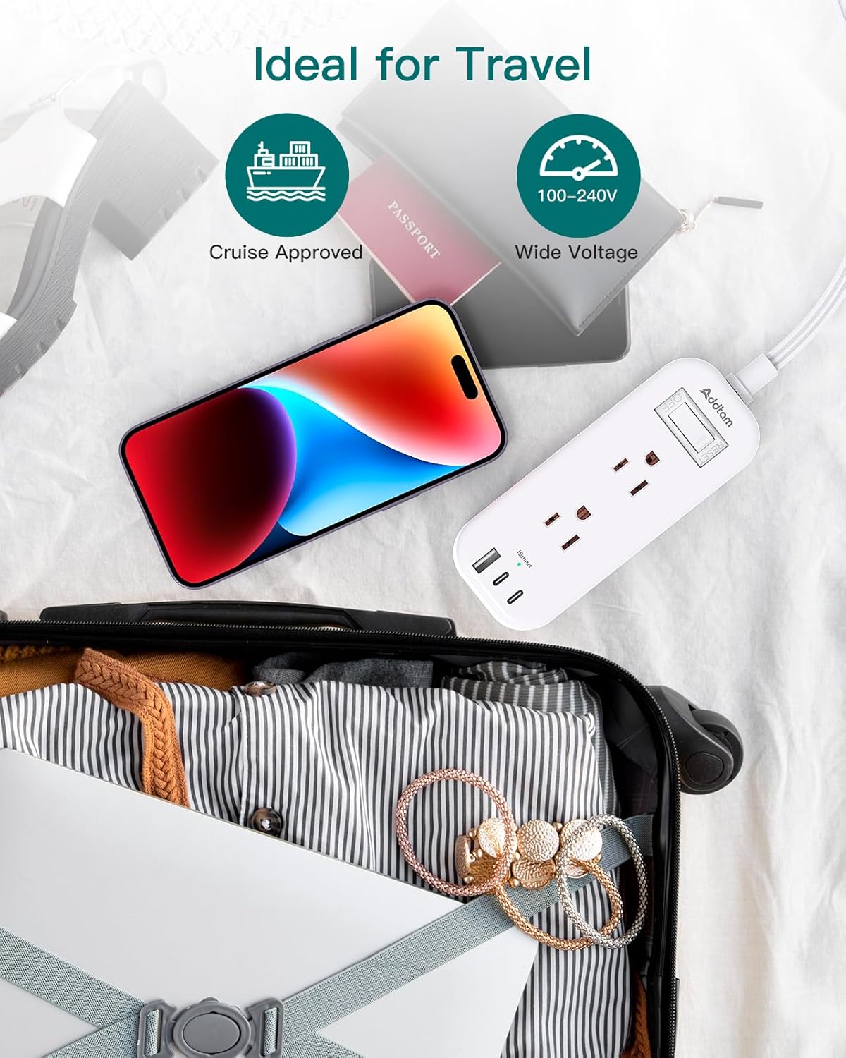 Regleta de alimentación de viaje con USB, cable de extensión de enchufe plano, 6 tomas, 3 puertos USB (2 USB-C), extensor de salida con cable de