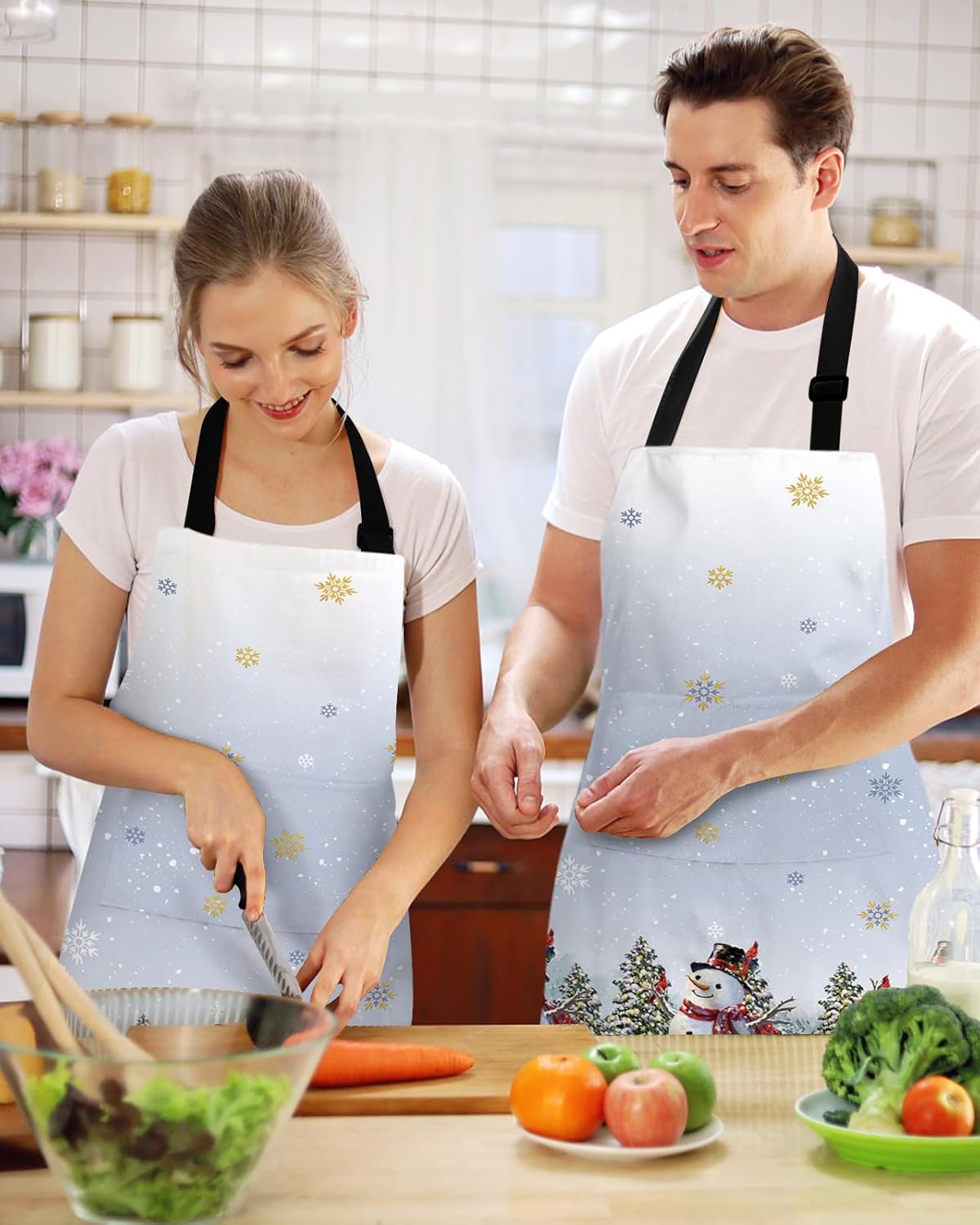 Chef Apron Adjustable Bib Aprons, Christmas Snowman Apron with Pockets Men Women Kitchen Cooking Waterproof Apron