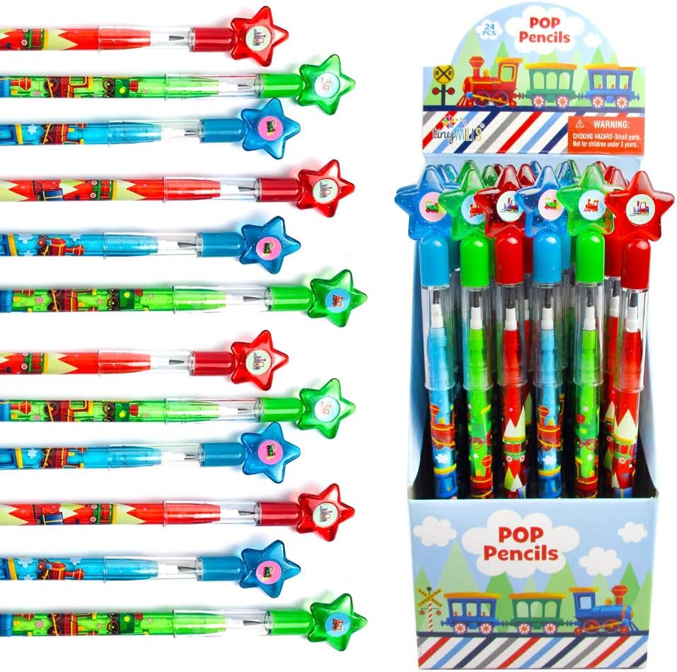 TINYMILLS Juego de 24 lápices apilables de tren multipunto con borrador para tren, fiesta de cumpleaños, premio, carnaval, bolsas de regalo,