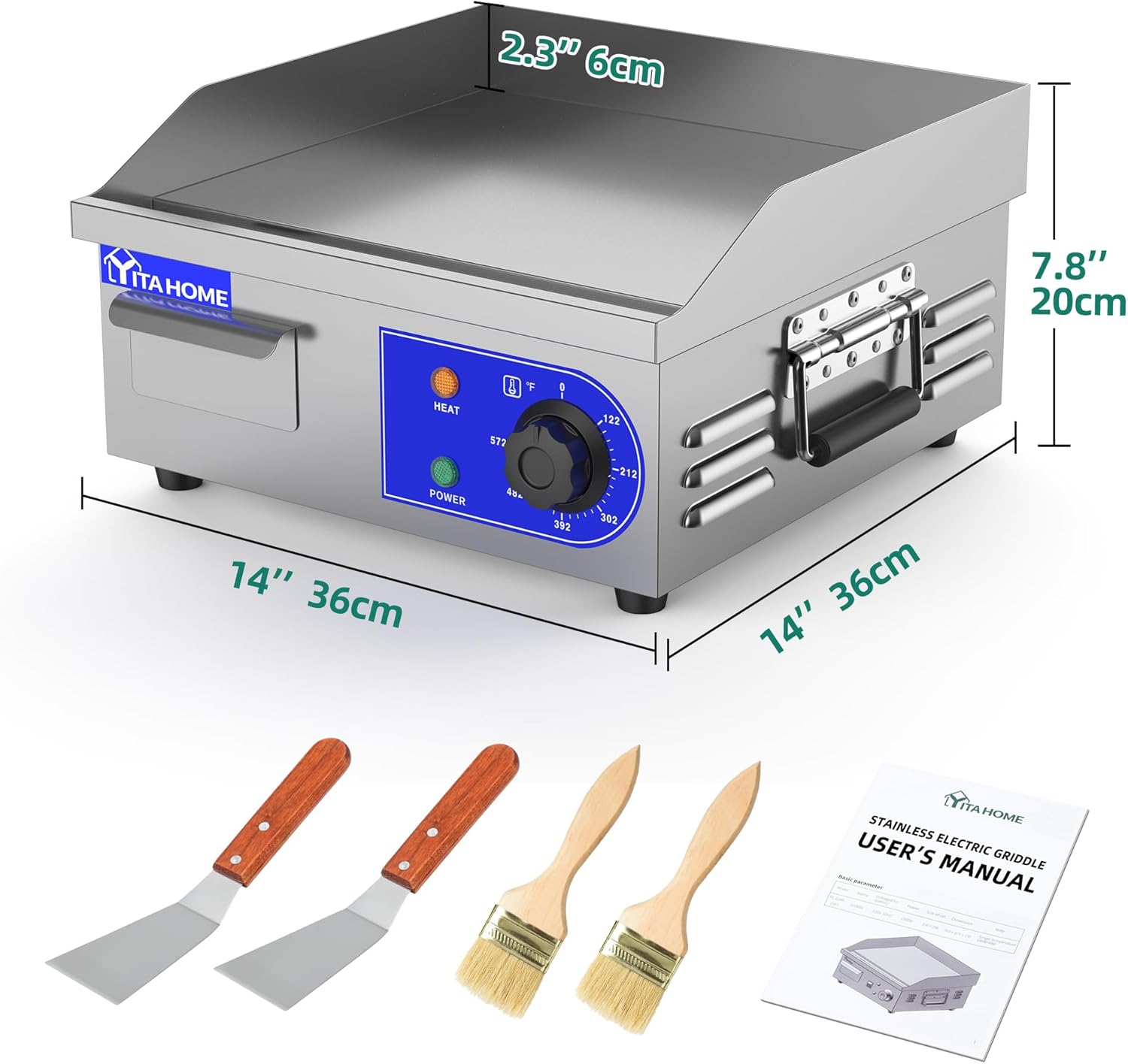 YITAHOME Plancha eléctrica comercial de 14 pulgadas con mango de resorte, plancha comercial de 1500 W, parrilla Teppanyaki comercial antiadherente