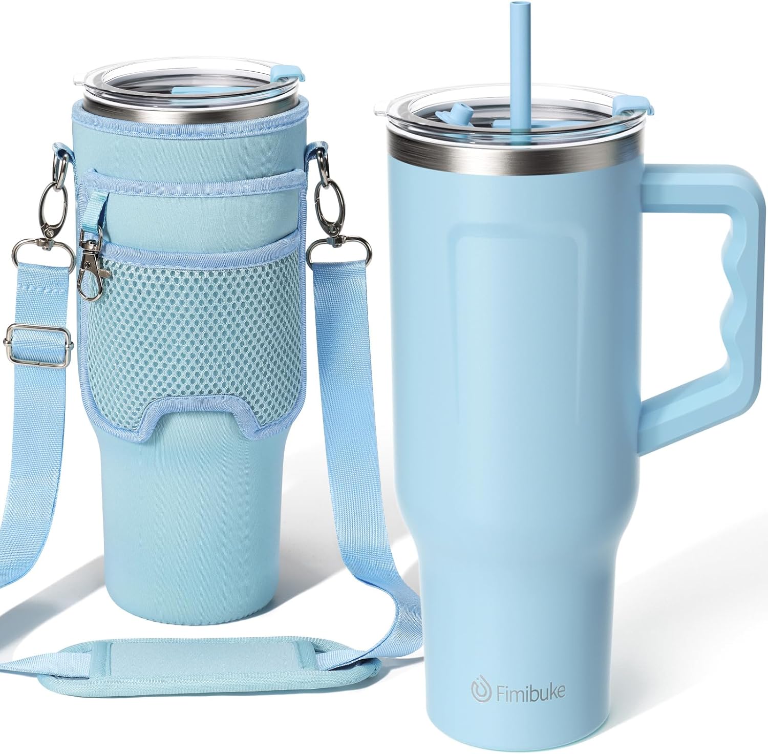 Fimibuke Vaso de 40 onzas con asa y bolsa de transporte, taza aislada de acero inoxidable con tapa, popote y bolsa para bolso, bolsillo para