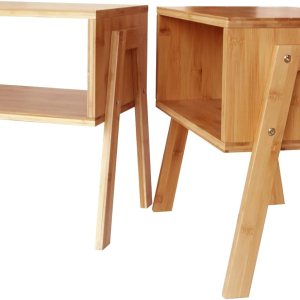 Zoopolyn Mesas auxiliares de bambú apilables, mesita de noche, para sala de estar, juego de 2 Zoopolyn Mesas auxiliares de bambú apilables, mesita de noche, para sala de estar, juego de 2