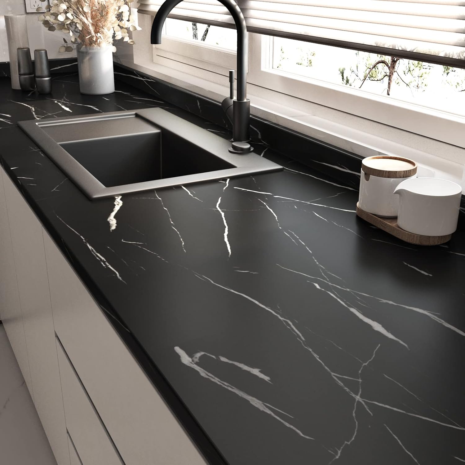 Papel adhesivo de mármol negro mate para encimeras, papel de contacto para encimeras, papel de contacto impermeable para baño, cocina, papel tapiz