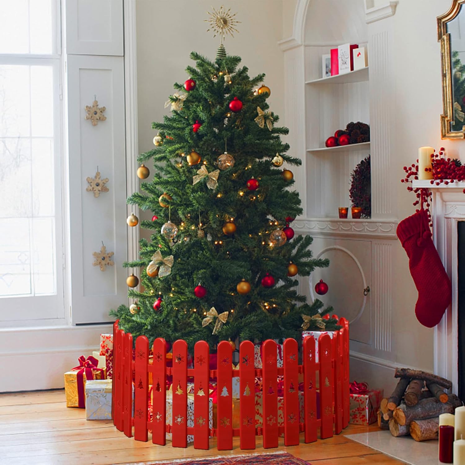 Decoración de cercas para árbol de Navidad, 24 piezas de valla de plástico rojo para puerta del árbol de Navidad, borde de valla de árbol de
