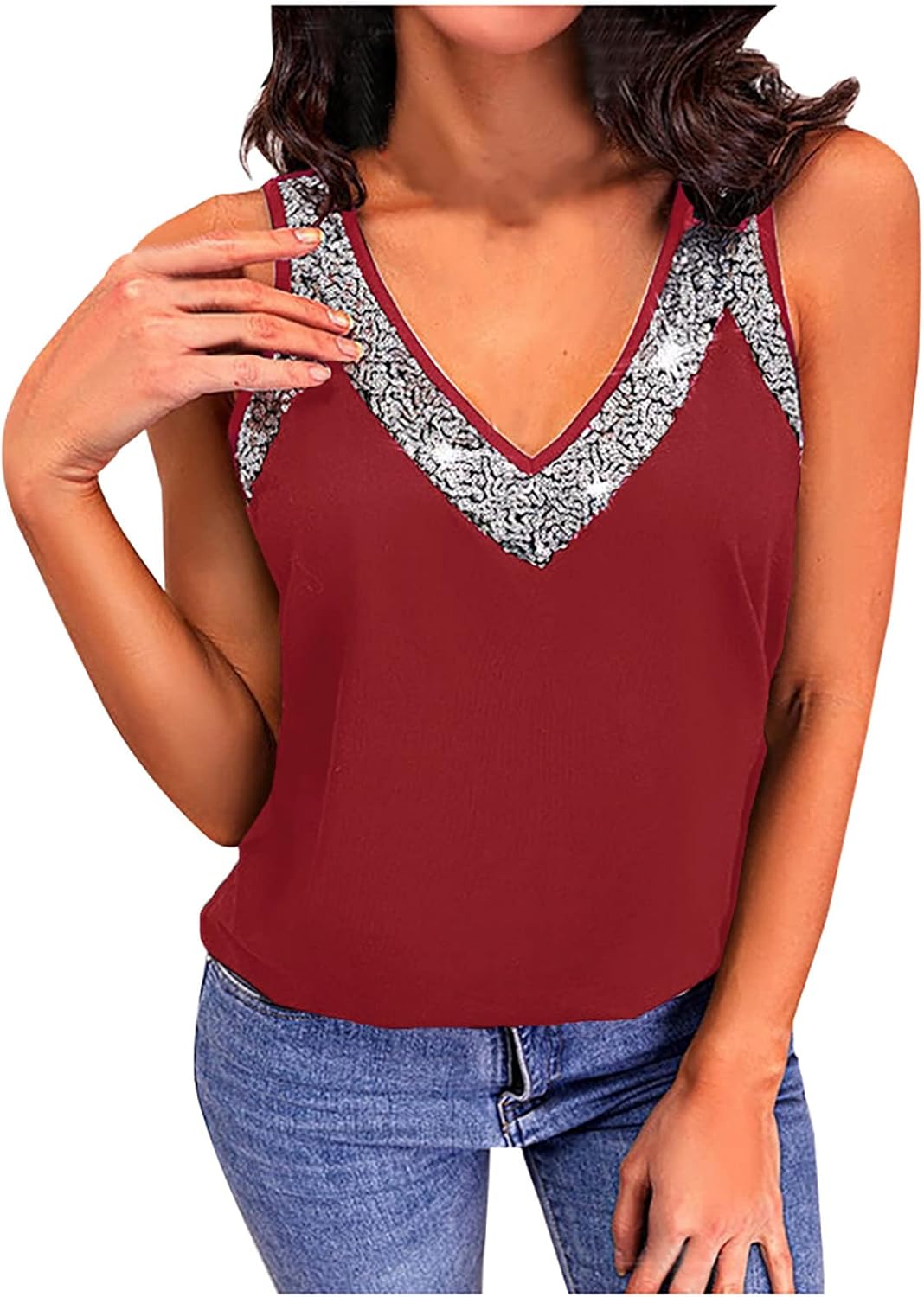 LFEOOST Camisetas sin mangas con lentejuelas brillantes para mujer, sexy, casual, cuello en V, sin mangas, chaleco de verano, ajuste regular, blusas