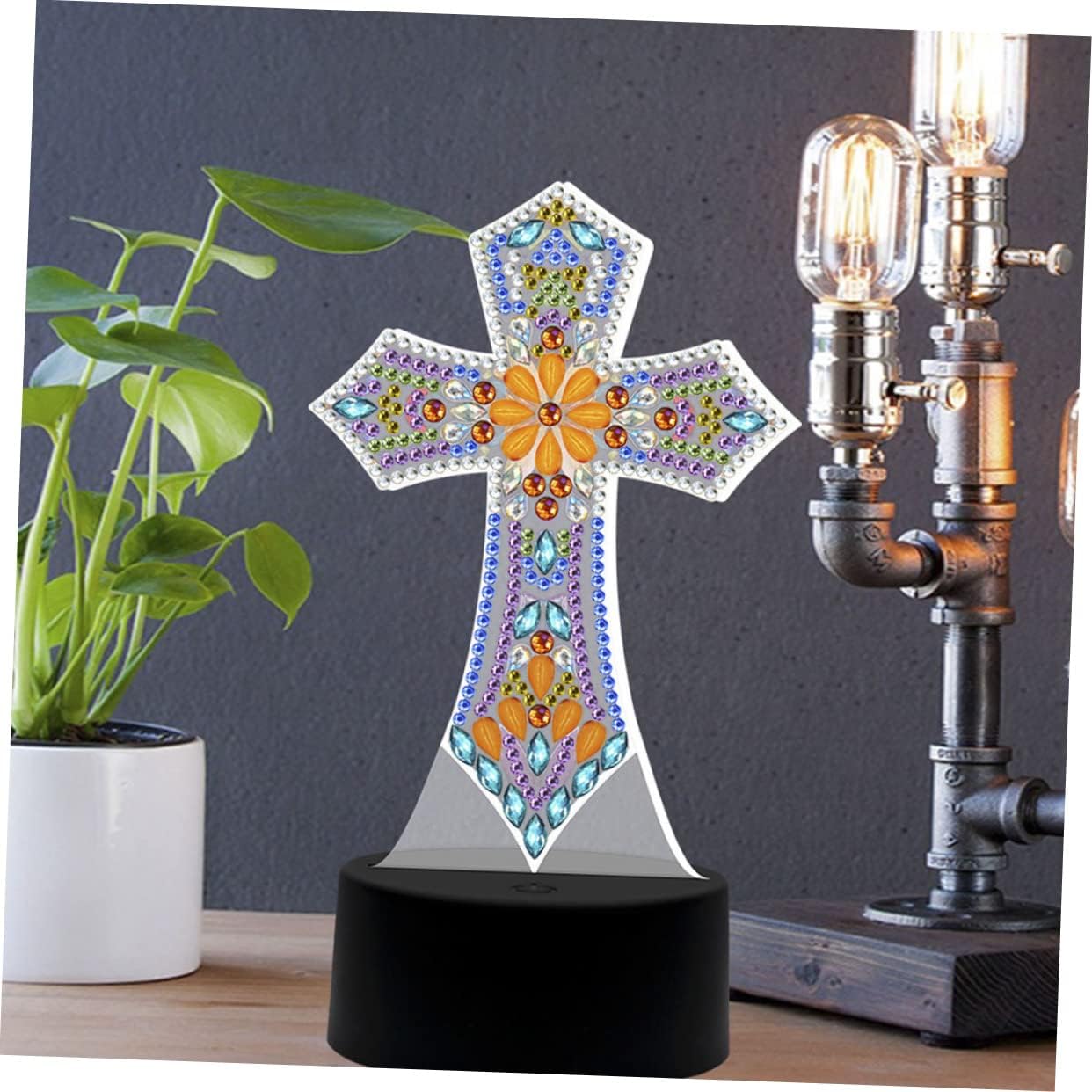 DOITOOL Lámpara de cruz de luz de cruz DIY diamantes de imitación pintura manualidades regalos religiosos lámpara de mesa decorativa lámpara de