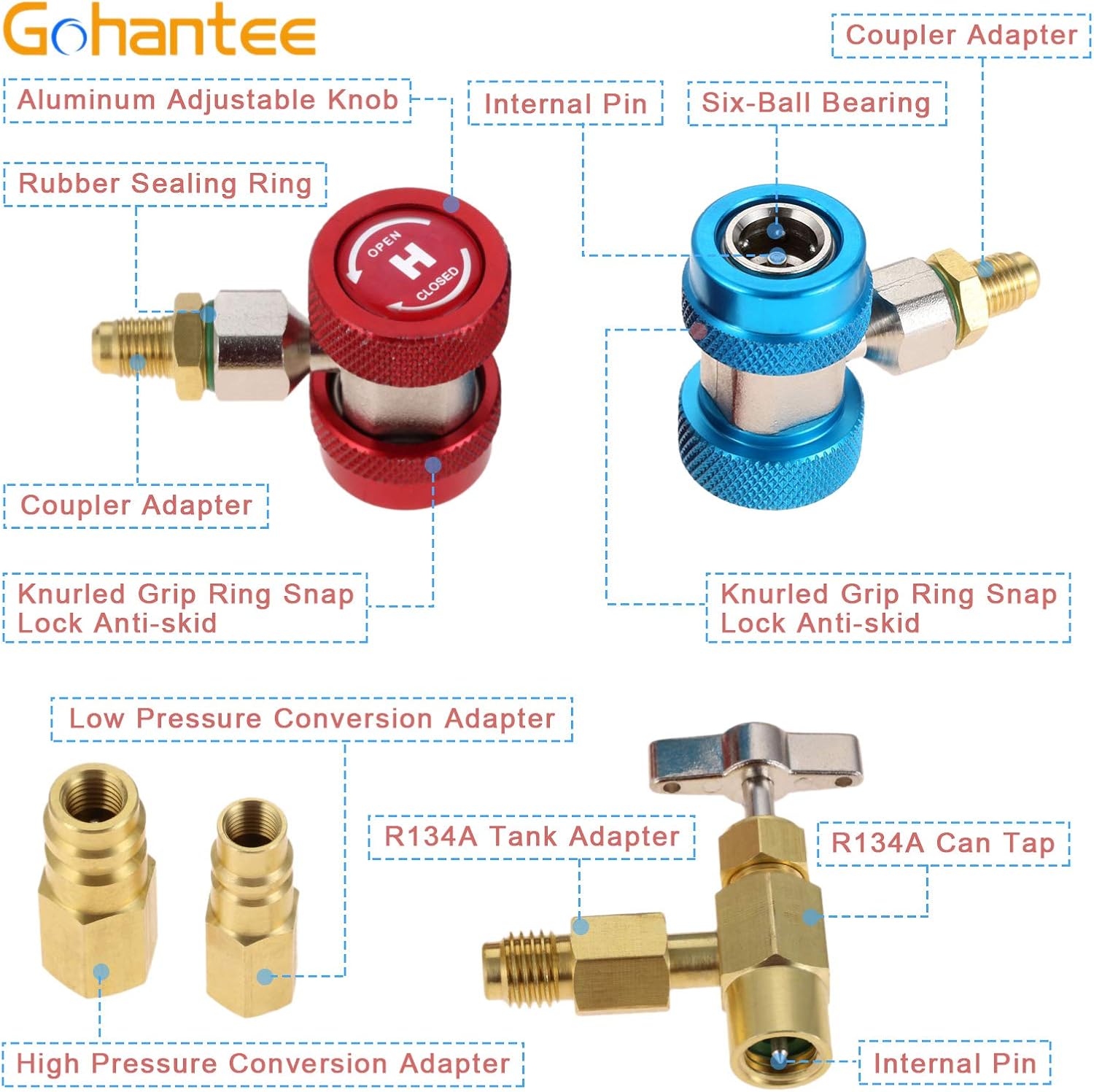 Adaptador de acoplador rápido ajustable de CA R134A, kit alto y bajo con válvula de grifo de perforación R134A, adaptador de tanque R134A, 2