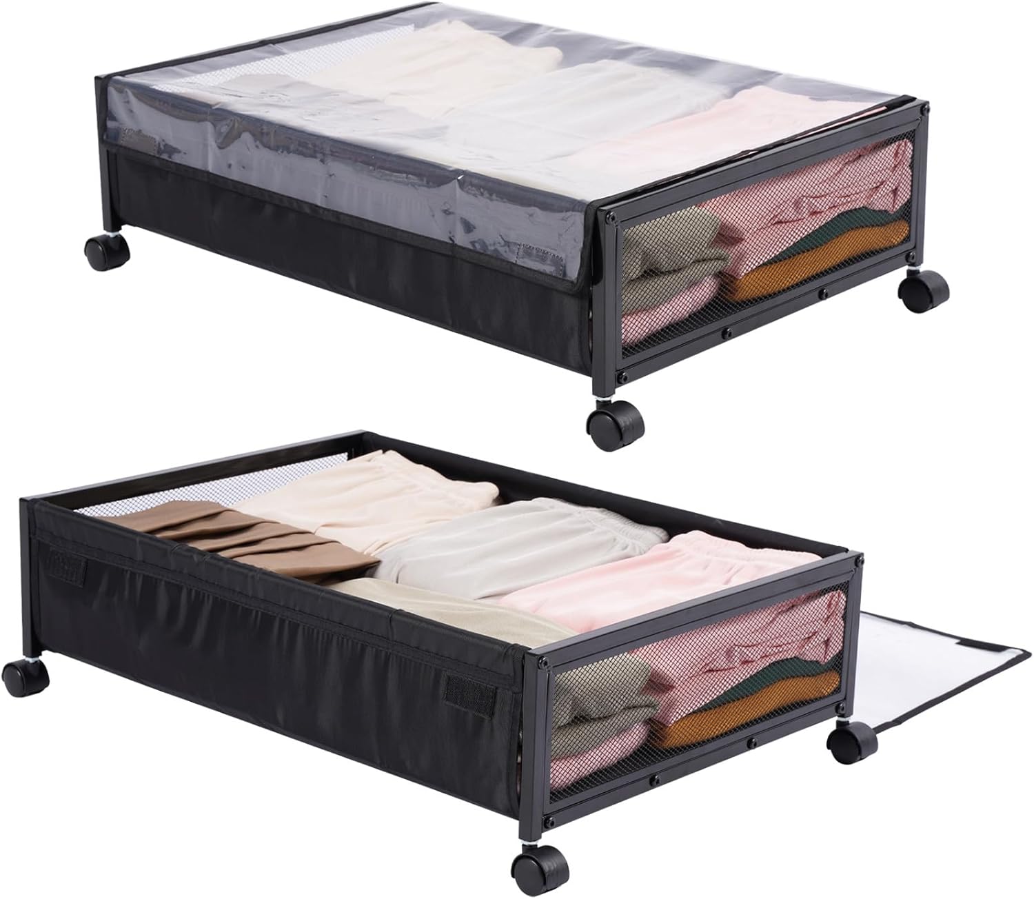 ZZYZSFUS Contenedores de almacenamiento debajo de la cama con ruedas, estante de almacenamiento de zapatos debajo de la cama con cubierta a prueba