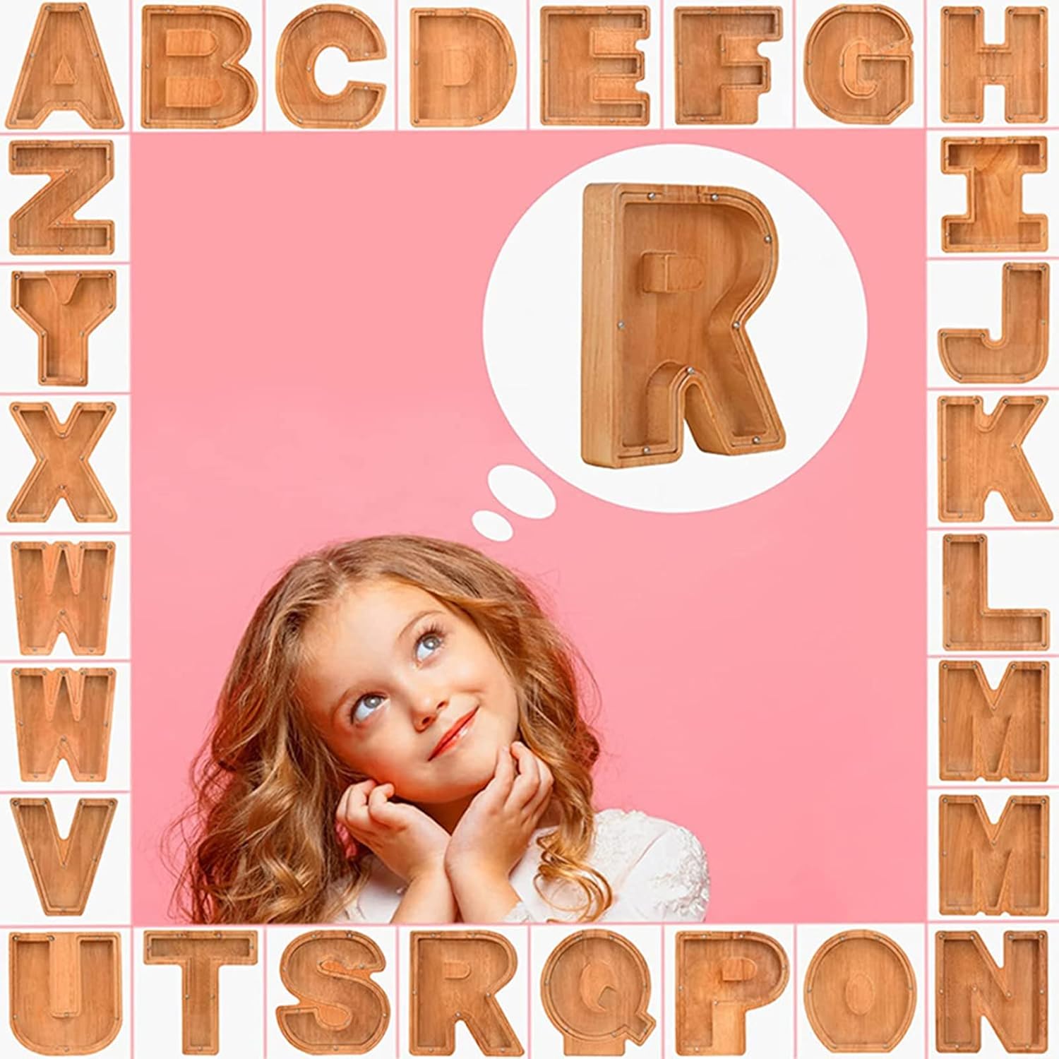 Alcancía de madera con letras para niños y niñas, 26 letras del alfabeto, personalizadas, caja de ahorro de dinero transparente, regalo creativo