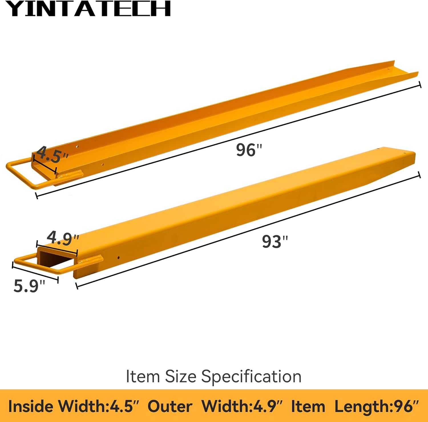 YINTATECH Extensiones de horquilla para paletización, extensiones de horquilla de 96 pulgadas de largo, 4.5 pulgadas de ancho, extensión de