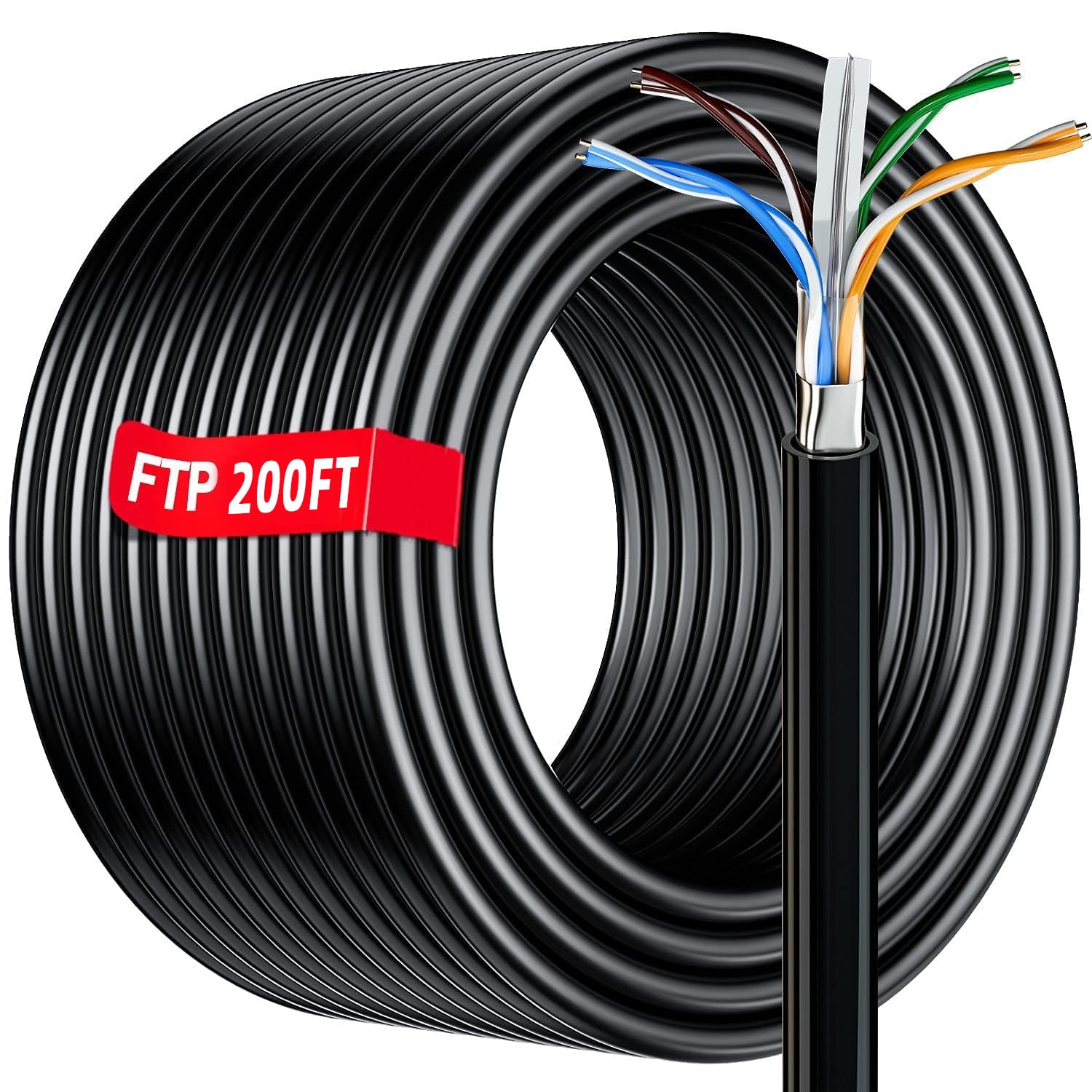 Cable Ethernet Cat 6 de 200 pies para exteriores, cable blindado FTP Cat 6 Gigabit 23 AWG, resistente, entierro directo, impermeable, en tierra,