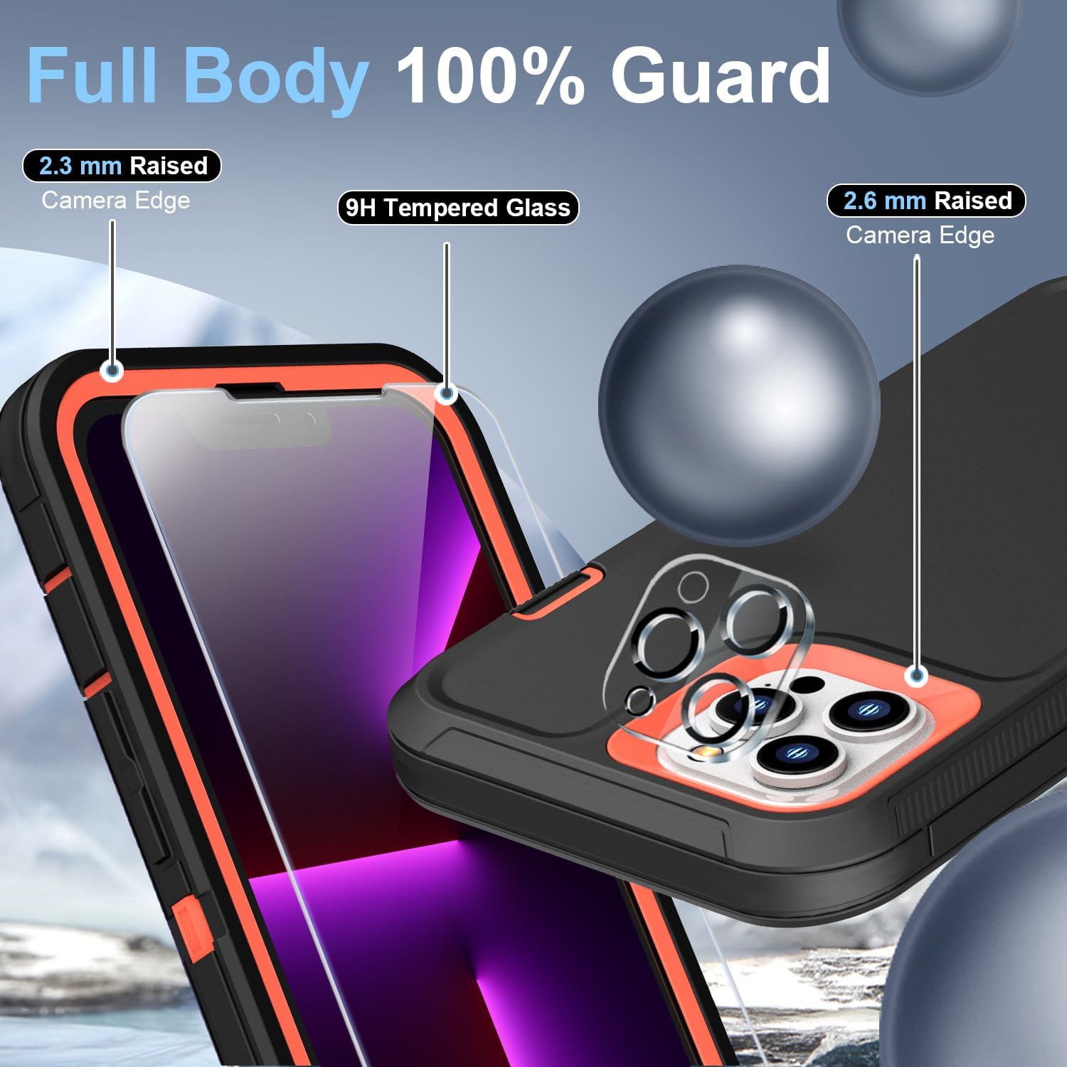 FEIYAR HOME Funda resistente para iPhone 13 Pro Max con 2 protectores de vidrio templado y protector de lente de cámara, grado militar, a prueba de