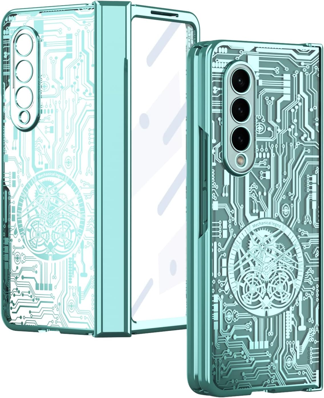 Funda para Samsung Galaxy Z Fold 4 5G, patrón de engranaje mecánico, protección de bisagra, cubierta de policarbonato chapado transparente con