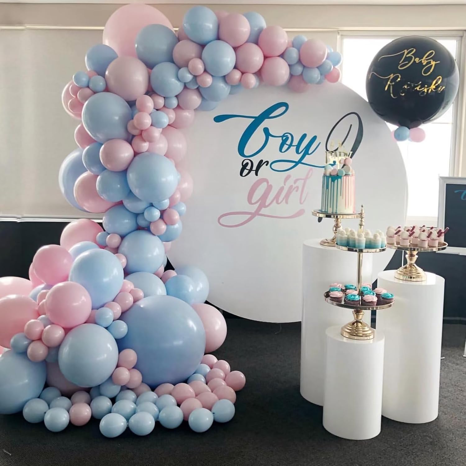 Kit de arco de globos rosa y azul, 100 piezas de guirnalda de globos azul claro y rosa macarrón para revelación de género, globos de diferentes