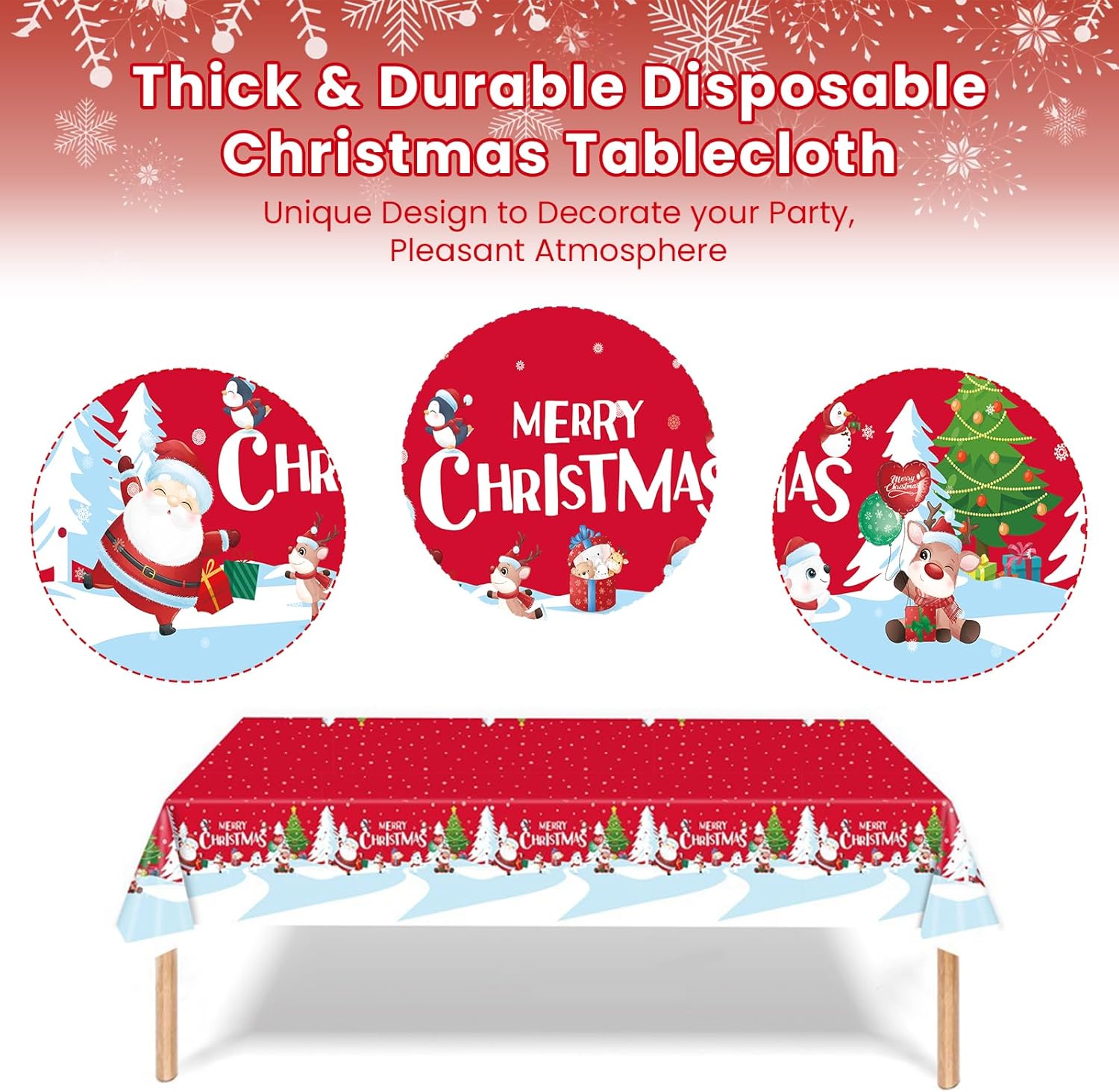 3 manteles de plástico de Navidad desechables, 54 x 108 pulgadas, mantel rectangular de vinilo rojo de Navidad, copos de nieve, para decoración de