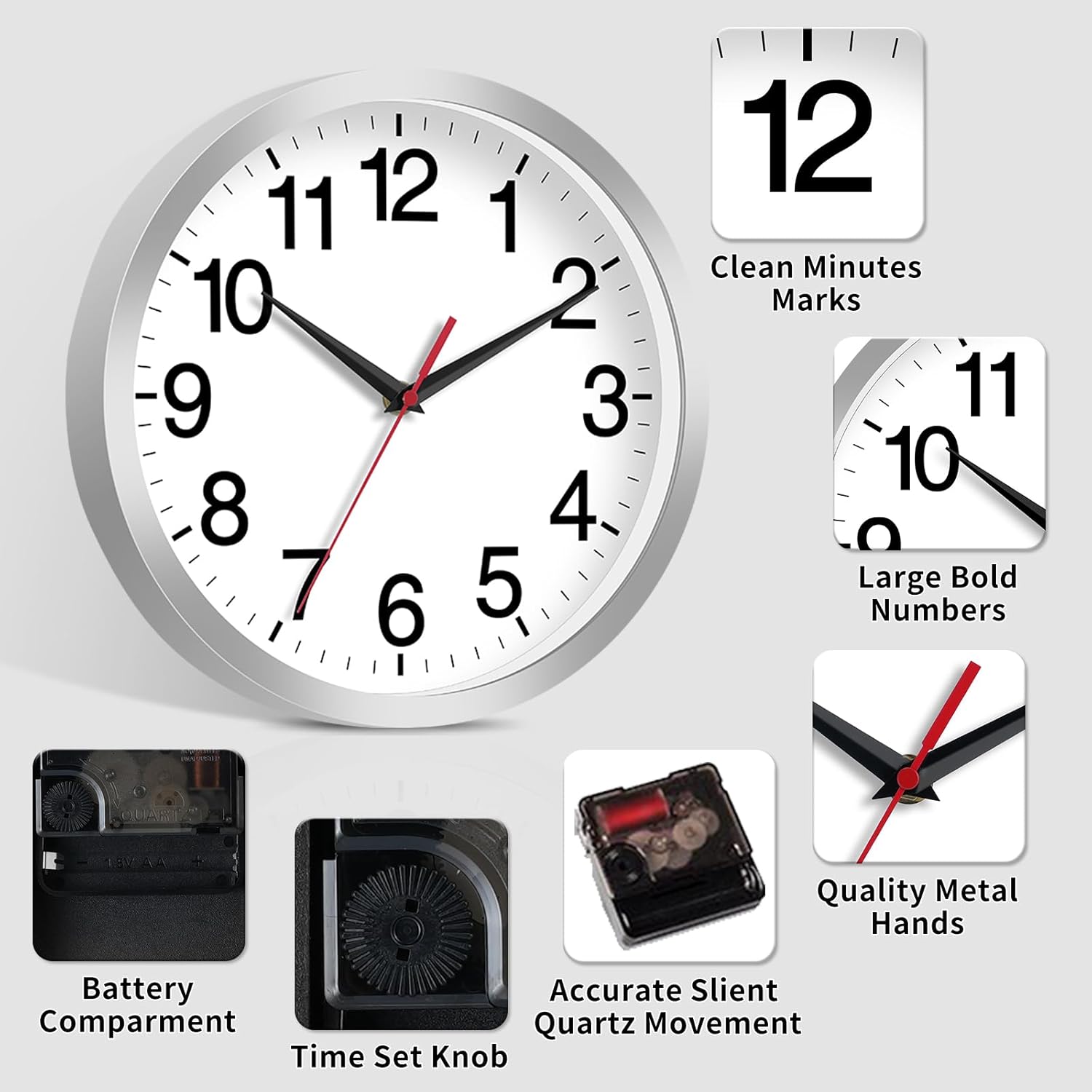 Reloj de pared de 12 pulgadas, moderno reloj de pared a pilas, reloj analógico silencioso sin tictac para dormitorio, cocina, baño, oficina, hogar,