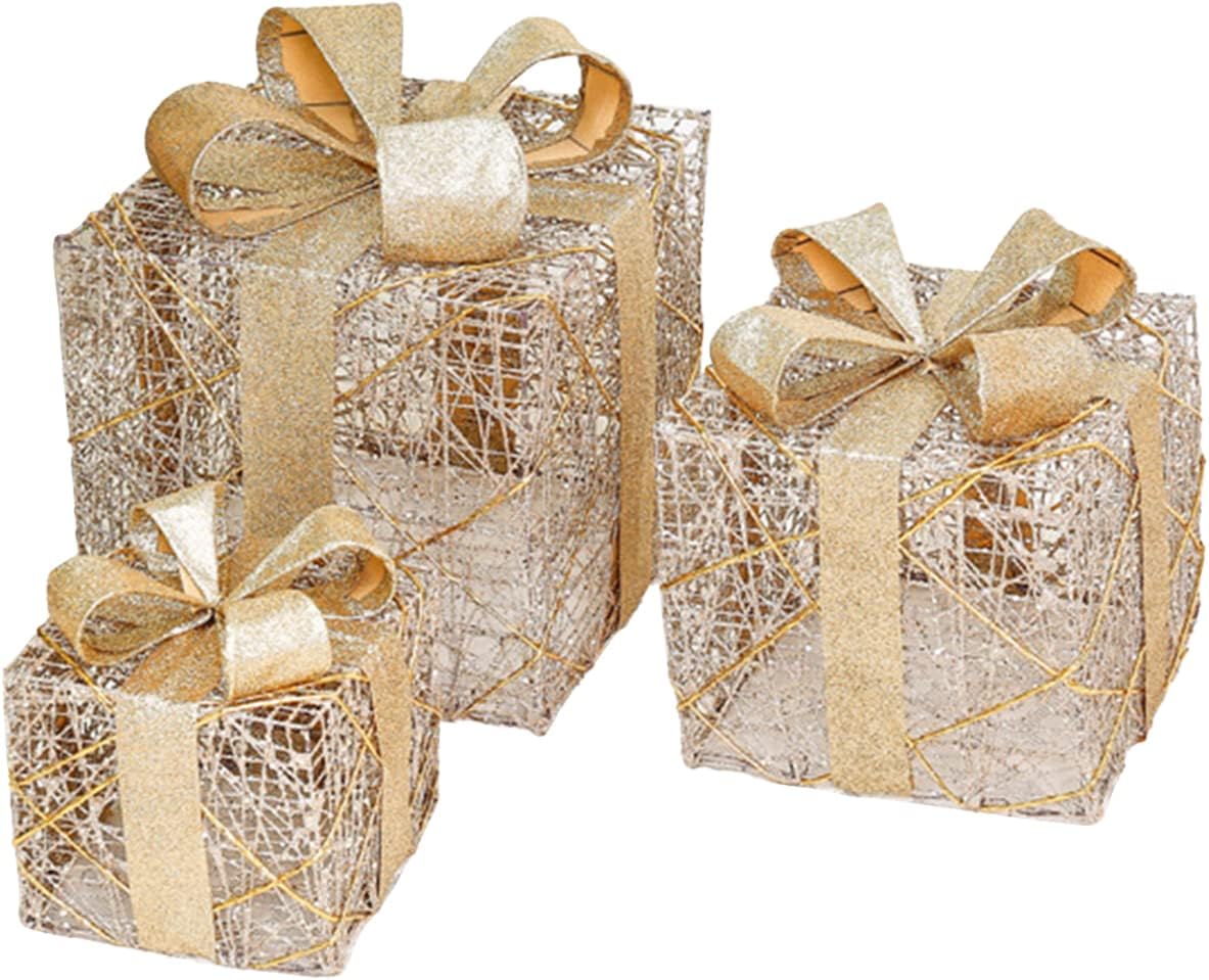 Juego de 3 cajas de regalo iluminadas de Navidad, cajas de regalo iluminadas de Navidad con lazo, cajas de regalo preiluminadas, cajas de Navidad