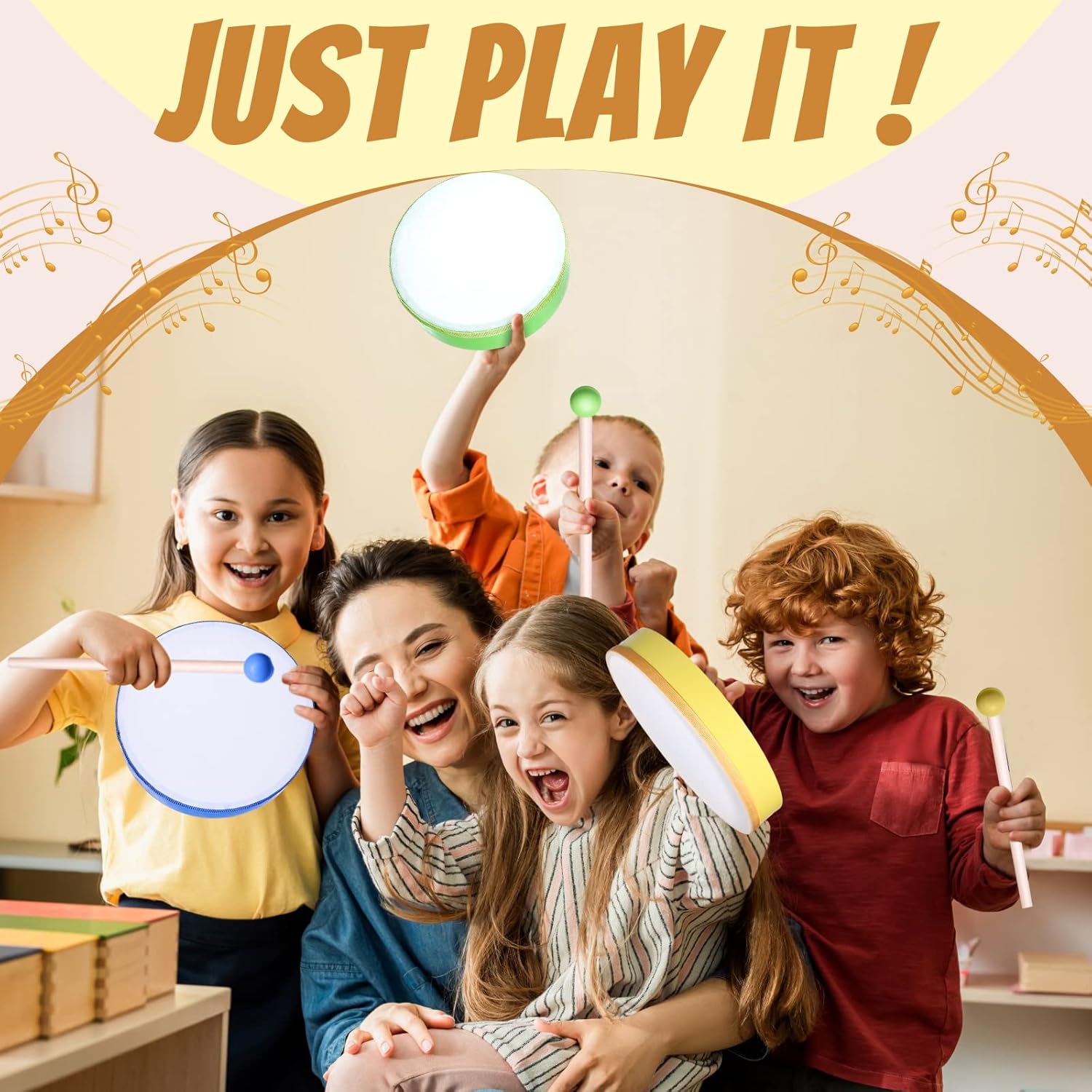Juego de 4 tambores de mano para niños y adultos, con marco de madera, con barra de tambor, de 12 pulgadas, 10 pulgadas, 8 pulgadas, 6 pulgadas,