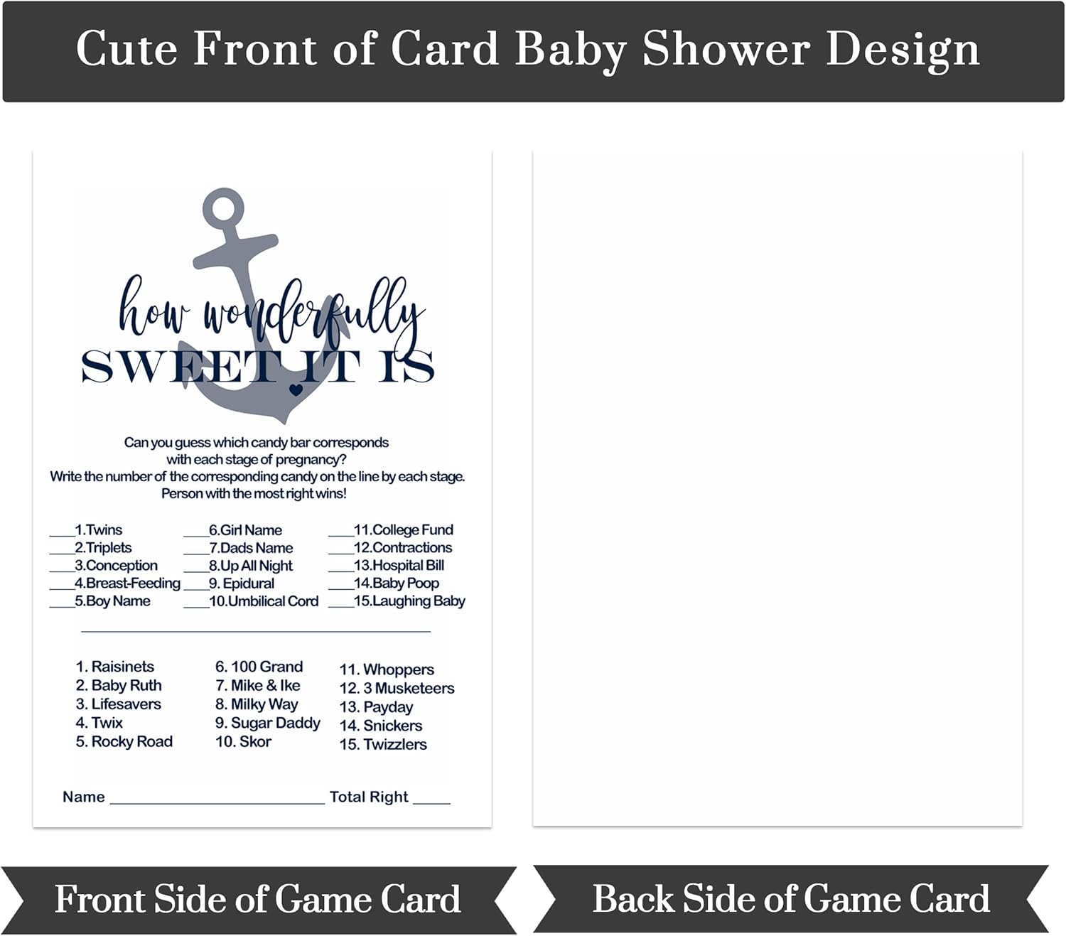 Juegos náuticos para baby shower para niños (paquete de 25) divertidas tarjetas de actividades a juego de barra de caramelo azul ballena espolvorear