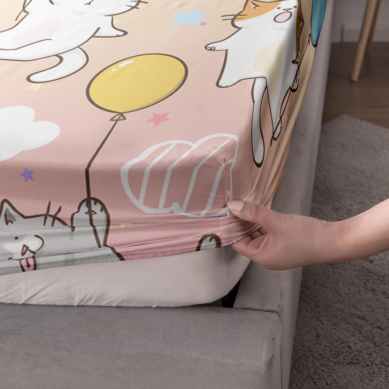 AILONEN Juego de sábanas bajeras de tamaño individual con globos, sábanas coloridas de gatos para mascotas, juegos de sábanas degradadas de gatos de