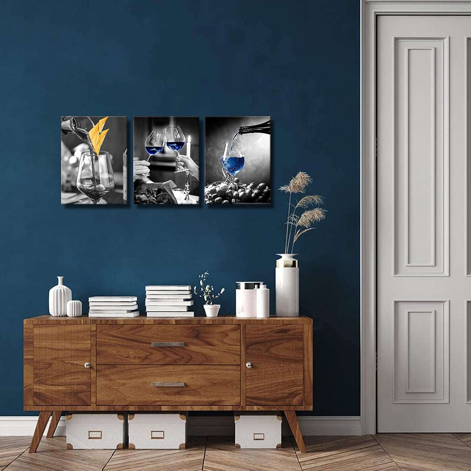 GOOSLA Decoración de pared de cocina, arte de pared de copa de vino, fácil de colgar, lienzo de alta definición, amarillo y azul, imágenes