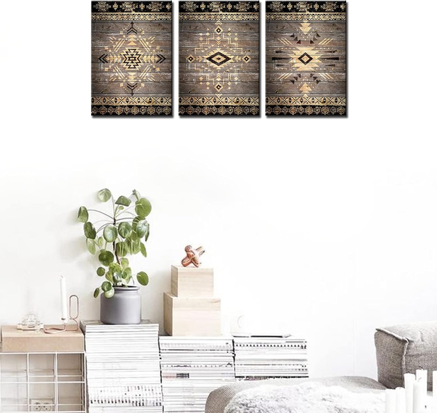 Cuadros de pared para sala de estar, pinturas indias tribales mexicanas aztecas, 3 paneles, lienzo de madera, arte de pared retro de cultura