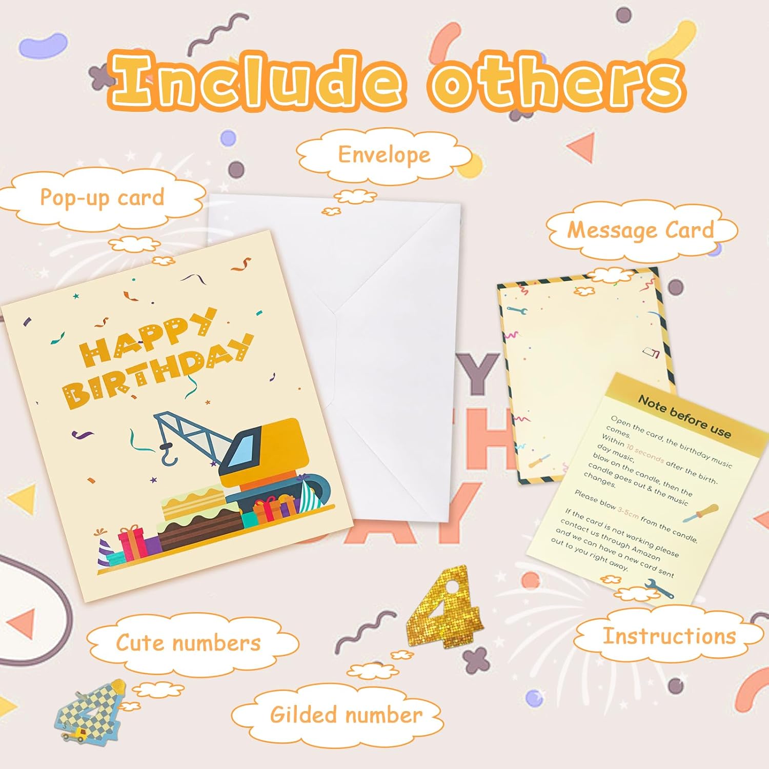 DTESL Tarjeta de felicitación 3D de 4 cumpleaños con luz y música, tarjeta de camión grúa para niño, sobrino, nieto, hijo, niño pequeño, con sobre,