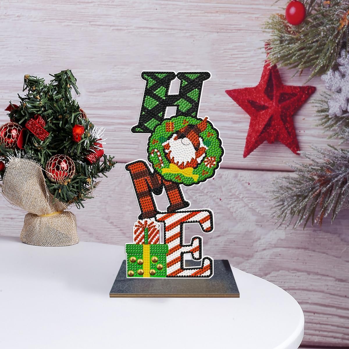 LUSandy Kit de adornos de pintura de diamantes de Navidad 5D con forma especial de cristal de madera para el hogar, adorno de escritorio para Año