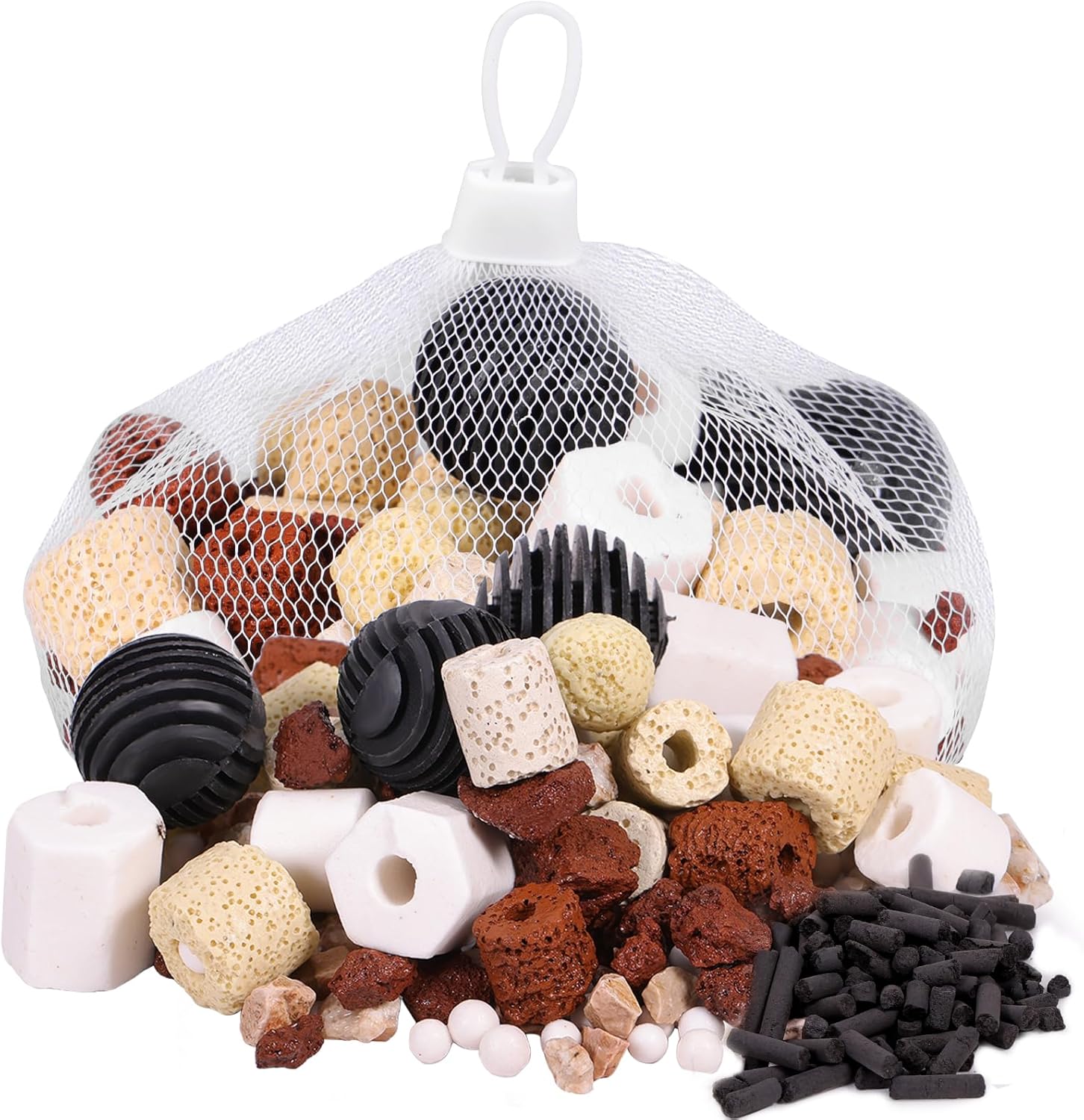 DaToo Medios de filtro para acuario, 12 especies de bolas bio, anillos de cerámica, filtro de carbón activado, kit de medios de filtro con bolsa de