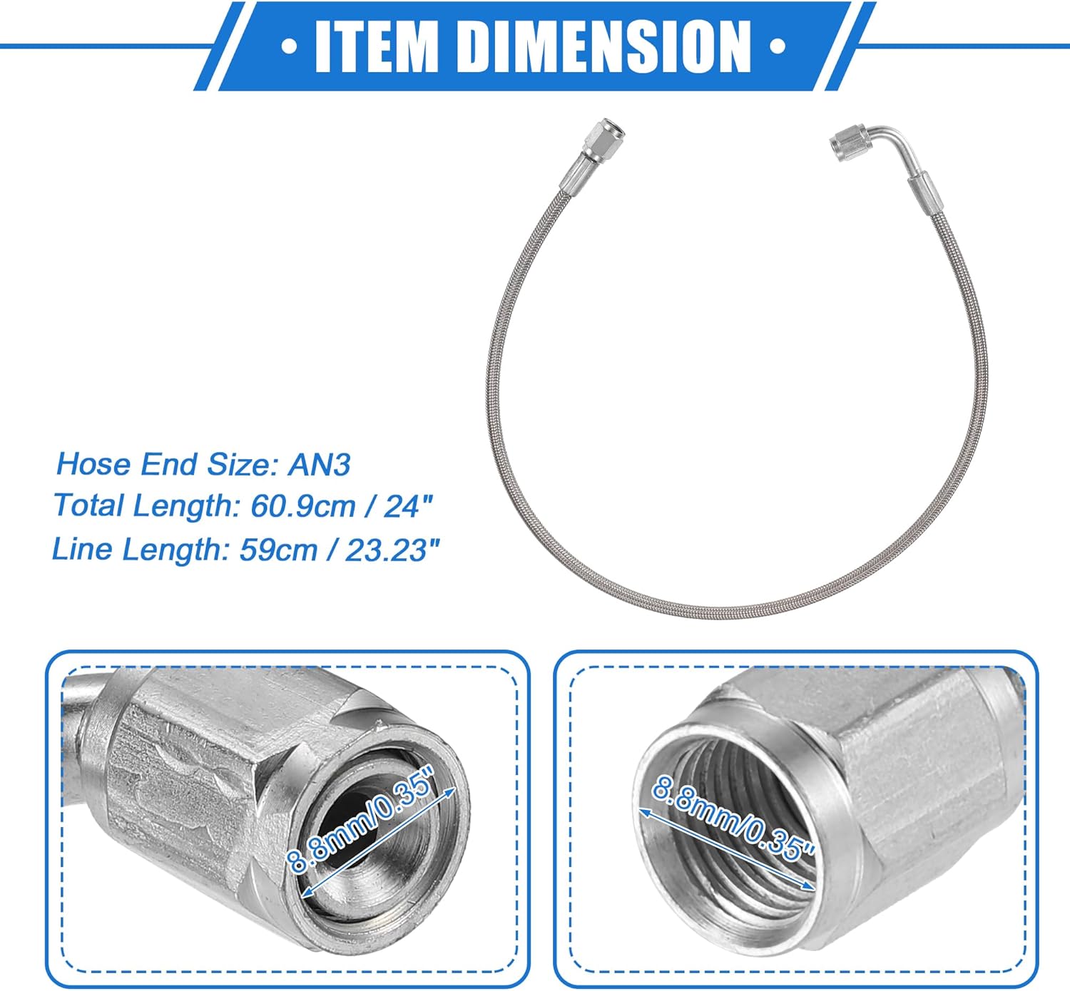 AN3 – Línea de alimentación de aceite turbo de acero trenzado de 90 grados a extremo de manguera recto, turbocompresor remoto de 24 pulgadas, línea