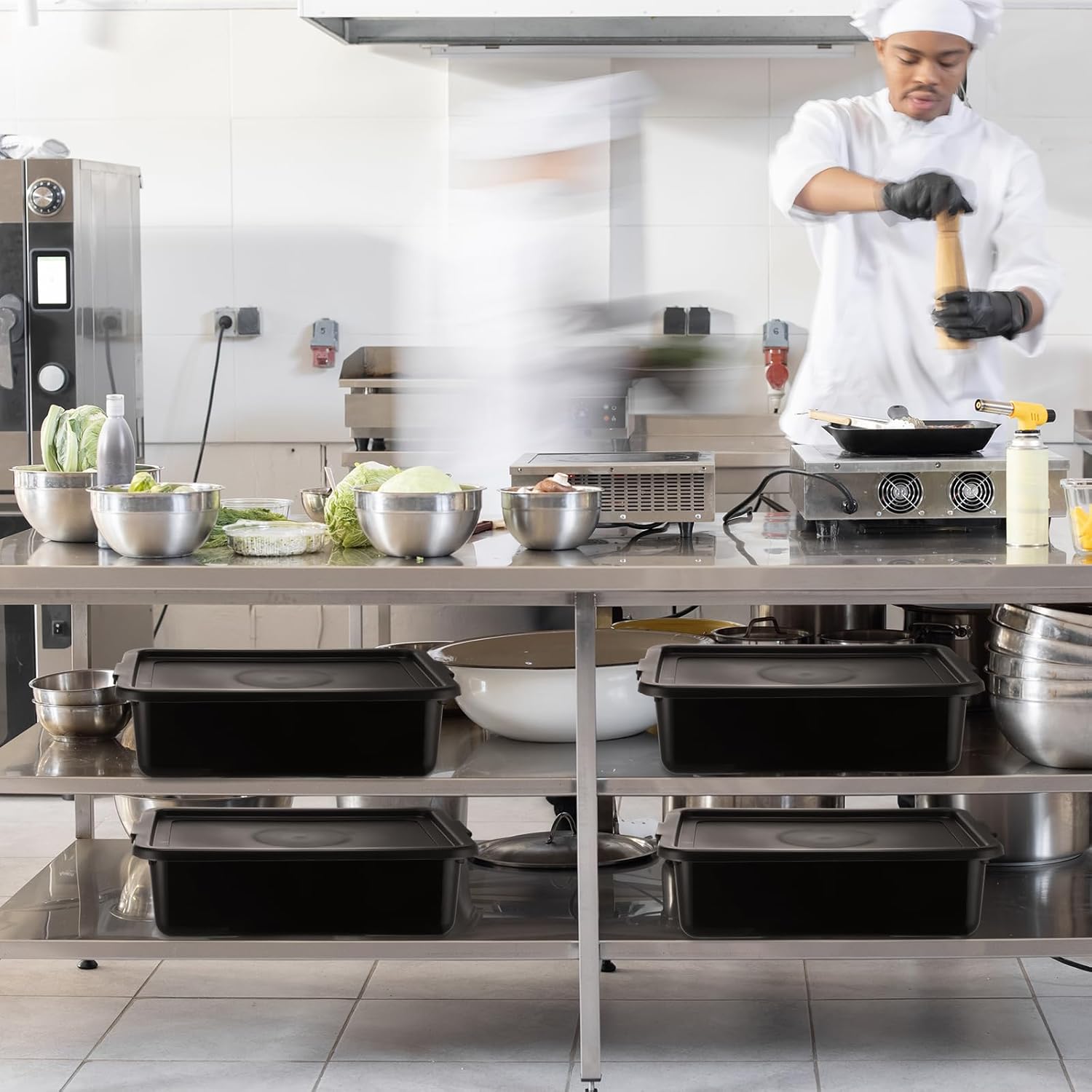 6 tubos de autobús de plástico con tapa, caja de autobús comercial de 13 L, caja de almacenamiento de plástico para restaurante, hogar, cocina, uso