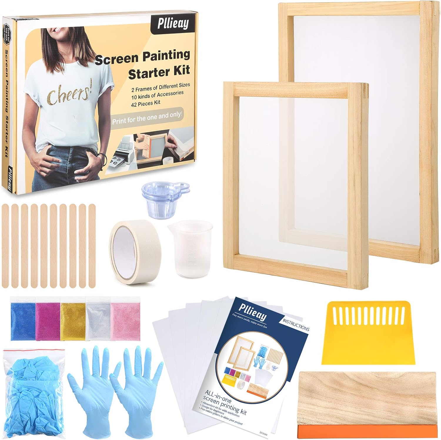 Pllieay Kit de serigrafía de 42 piezas con instrucciones (idioma español no garantizado), incluye 2 marcos de serigrafía de madera, 5 colores de