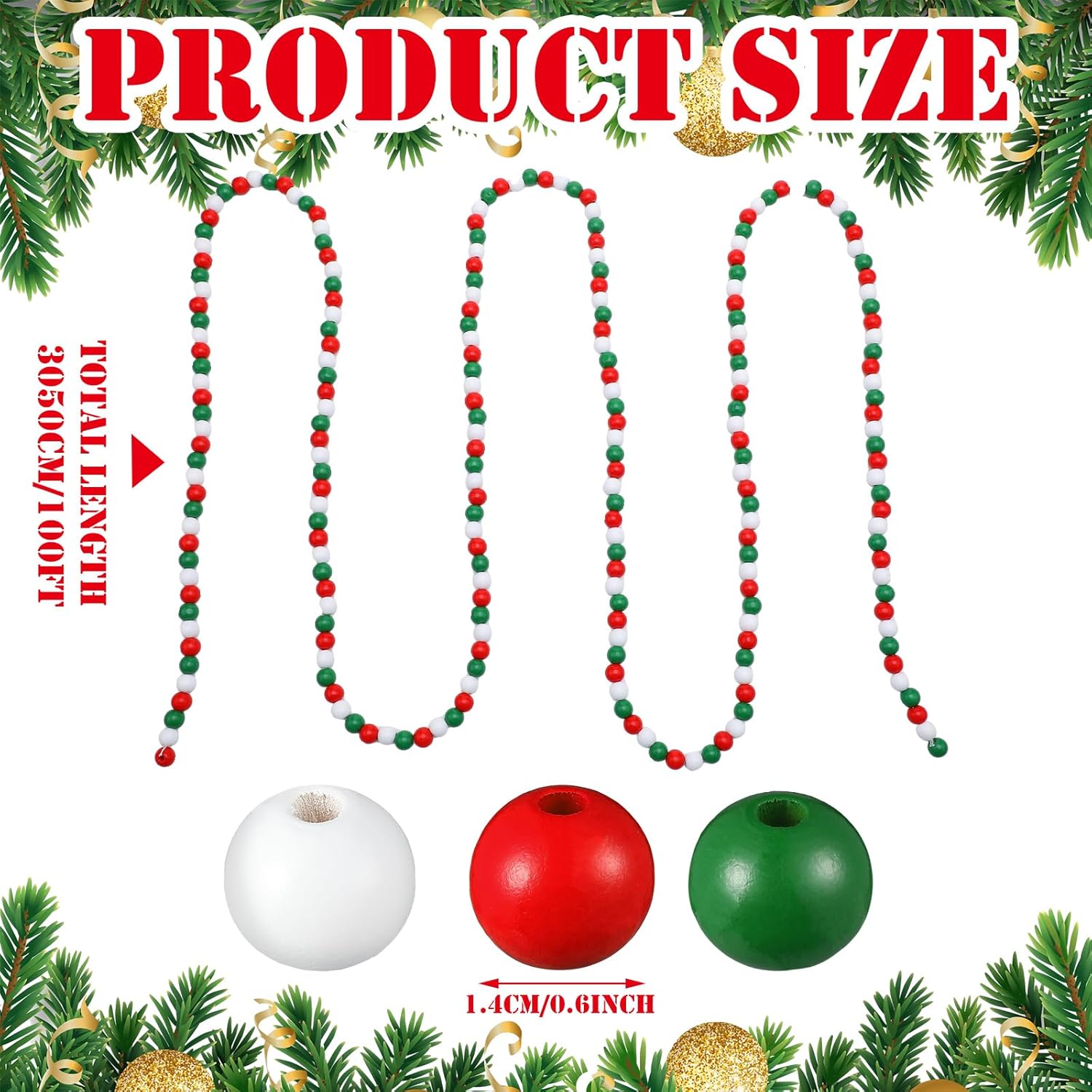 Frienda Guirnalda de cuentas de madera de Navidad de 100 pies, decoración de árbol de Navidad con cuentas de madera, cuentas decorativas de granja,