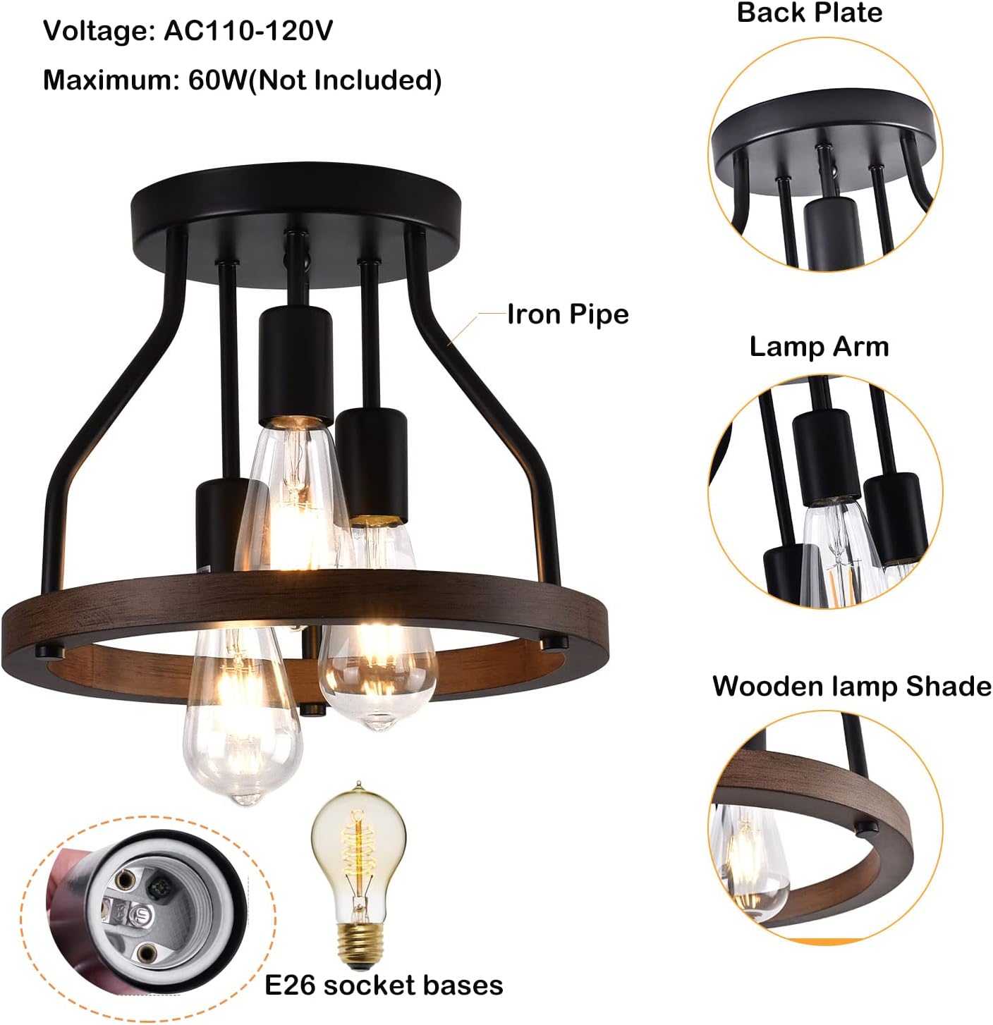Lámpara de techo empotrada de 3 luces, marco de madera + pantalla de metal negro, lámpara de techo rústica para cocina, comedor, pasillo,