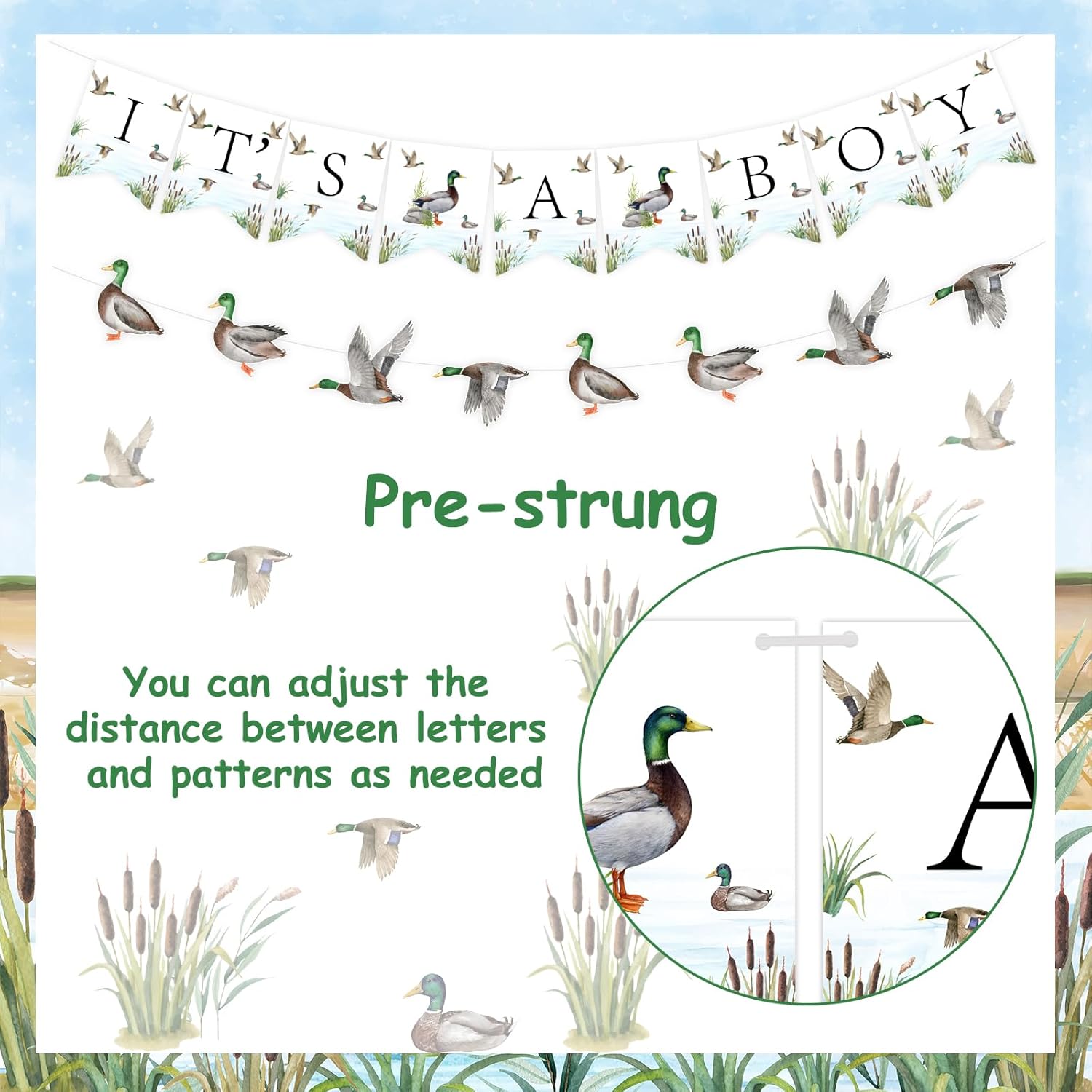 Decoración de pancarta para baby shower con temática de pato de ánade mallardo, guirnalda rústica, juego de banderines para celebración de embarazo,
