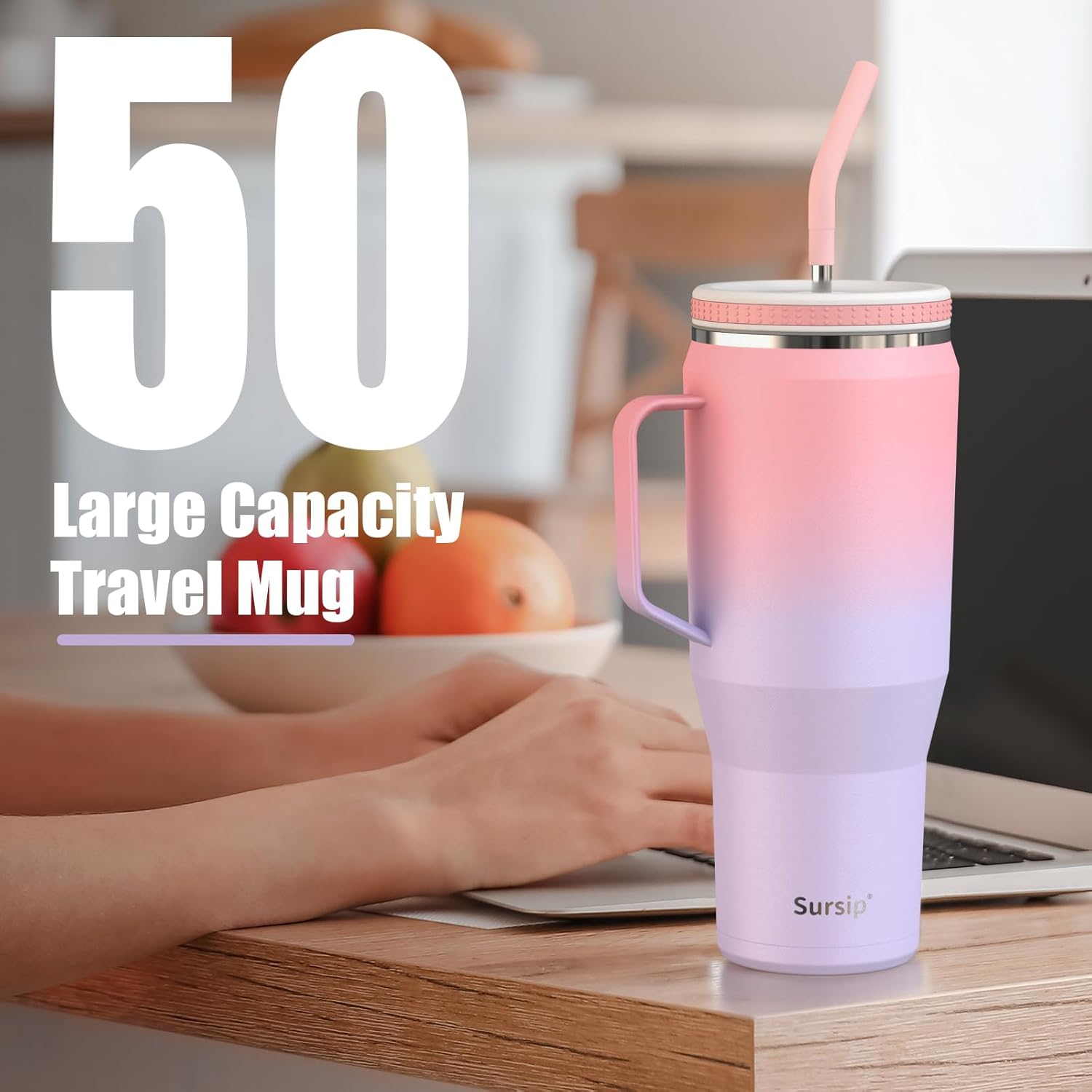 Sursip Vaso de 50 onzas con asa y tapa con pajilla, de acero inoxidable aislado al vacío, para café, viaje, mantiene el frío durante 24 horas, a