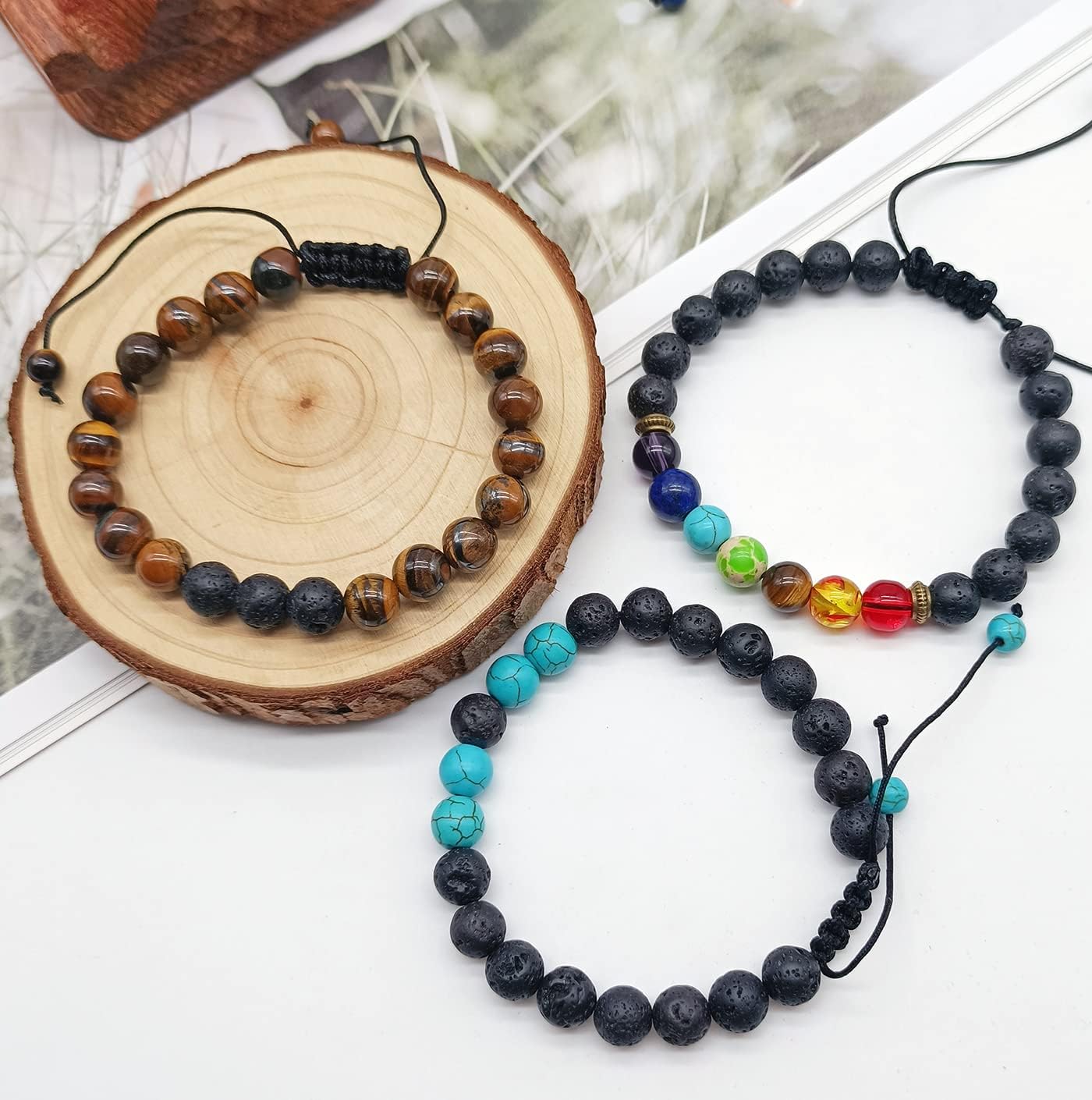 Paquete de 10 pulseras de piedra natural con cuentas de roca de lava para hombres y mujeres, cuentas de chakras de 0.315 in, pulseras difusoras de