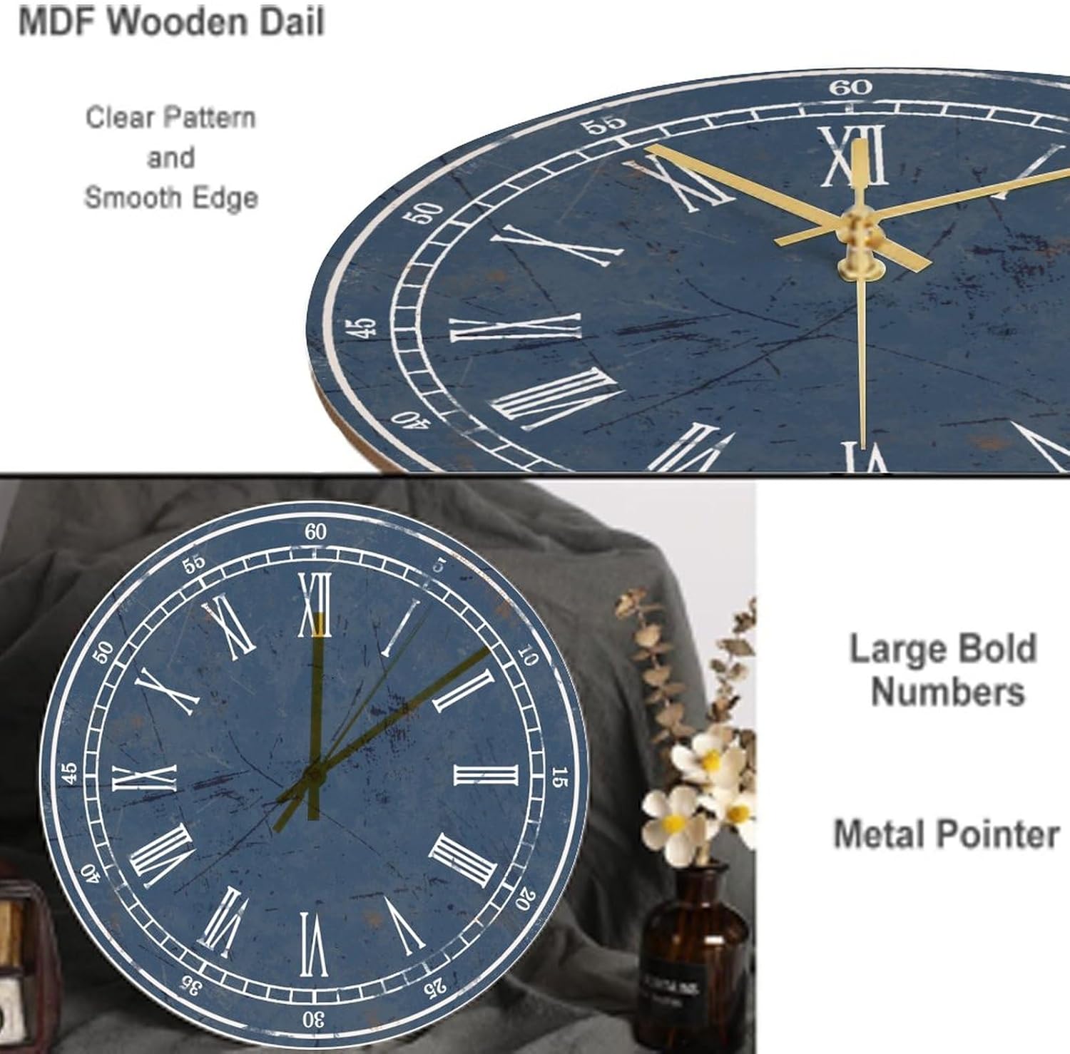 Reloj de madera azul marino para decoración de pared de dormitorio, reloj de pared sin tictac, funciona con pilas, 12 pulgadas, reloj de sala de