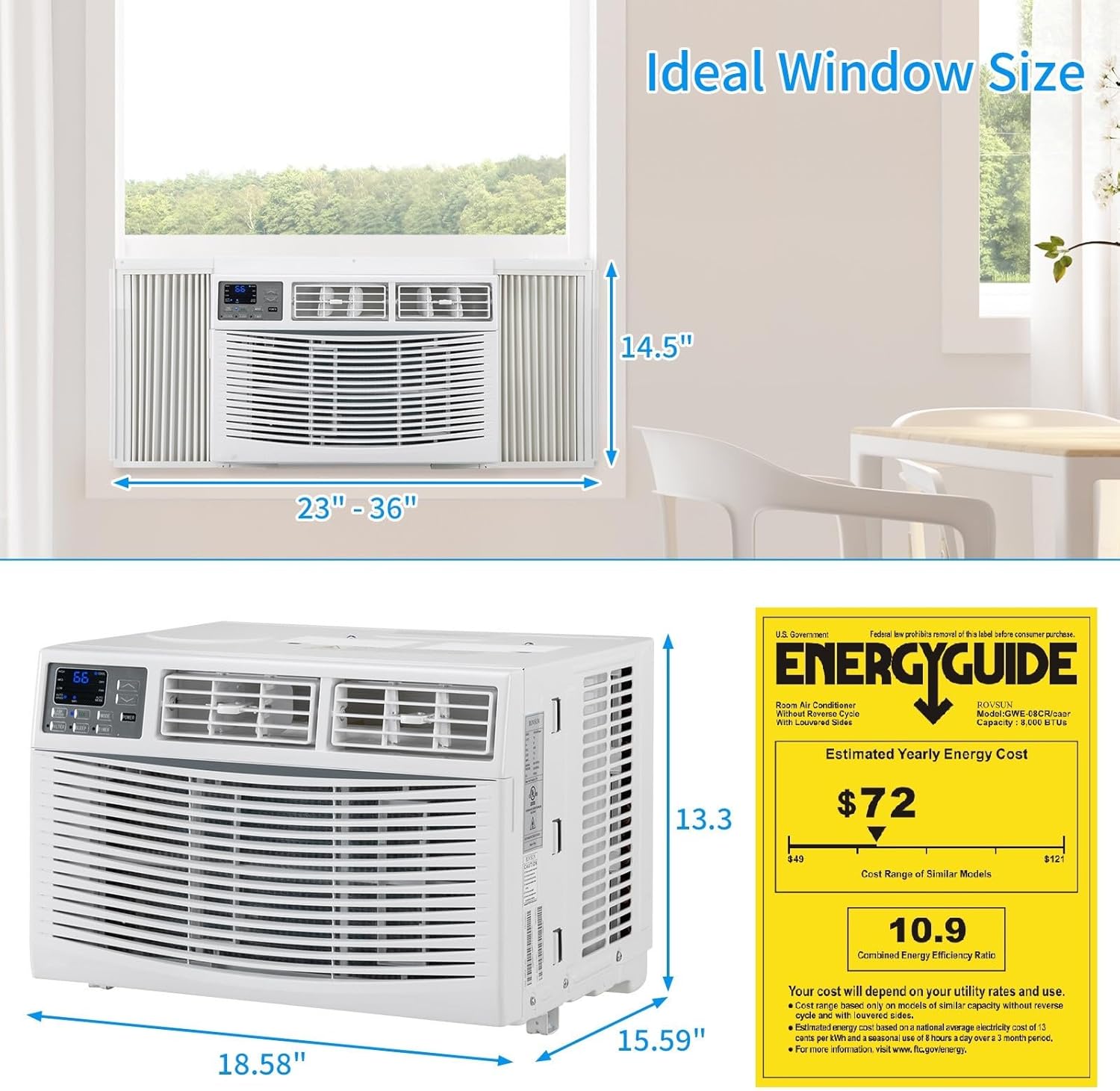Bonnlo Unidad de ventana de aire acondicionado de 8000 BTU habilitada para WIFI, aire acondicionado de ahorro de energía, unidad de aire